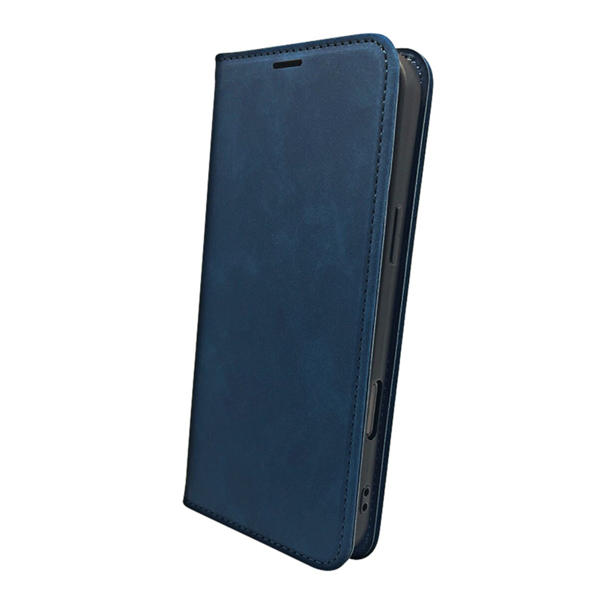 Eine geschlossene dunkelblaue Handytasche aus Leder auf weißem Hintergrund, aus einem Winkel von vorne und der Seite.