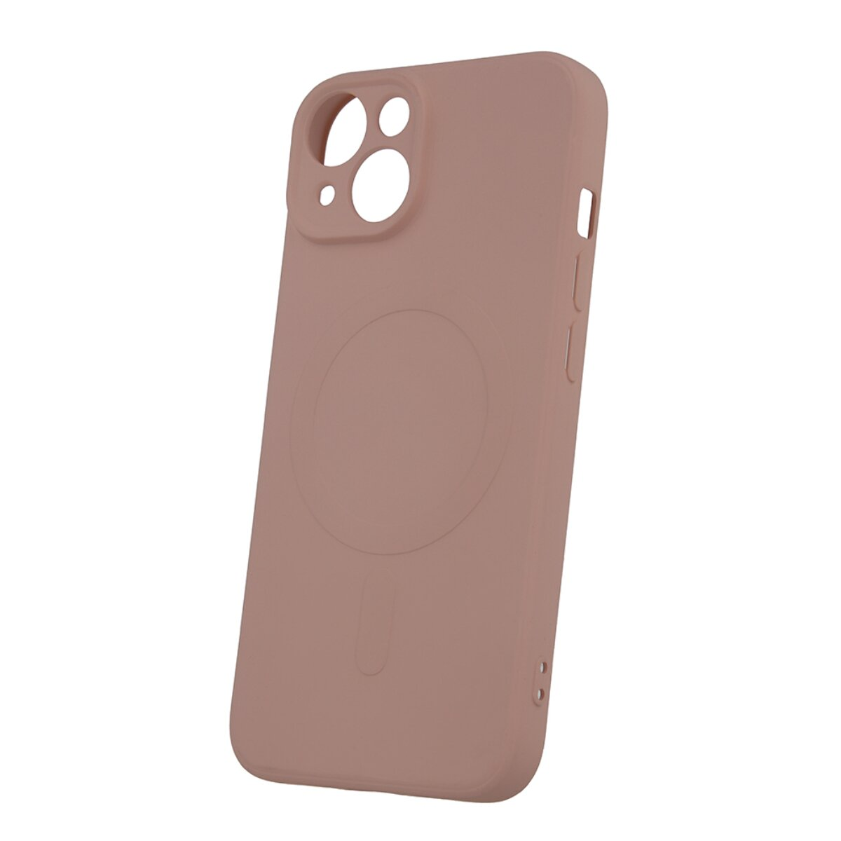 Eine staubige rosa iPhone-Hülle mit MagSafe-Kreis auf der Rückseite vor weißem Hintergrund.