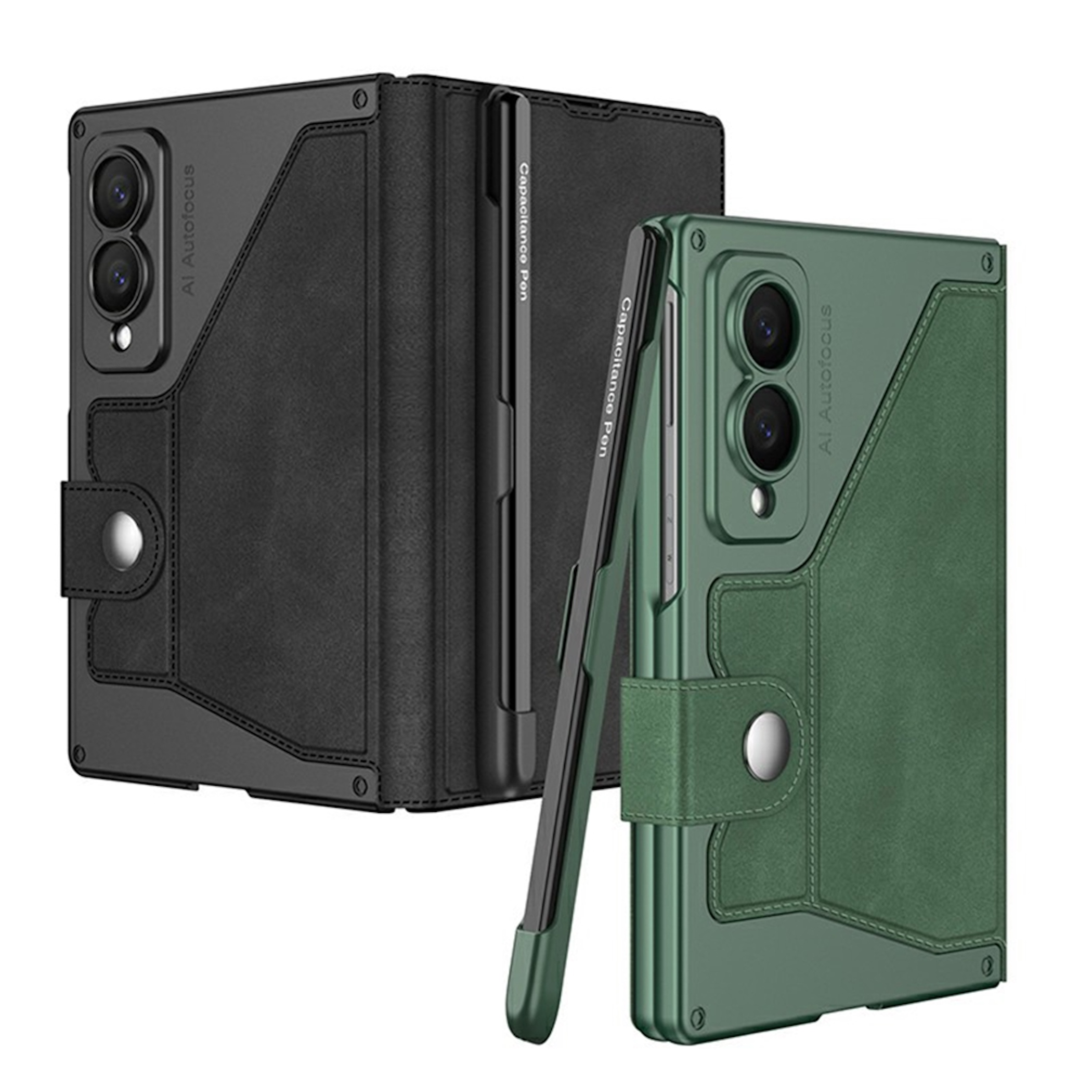 Zwei Schutzhüllen für Smartphones in Schwarz und Grün, jeweils mit integriertem Stift und Klappdeckel.