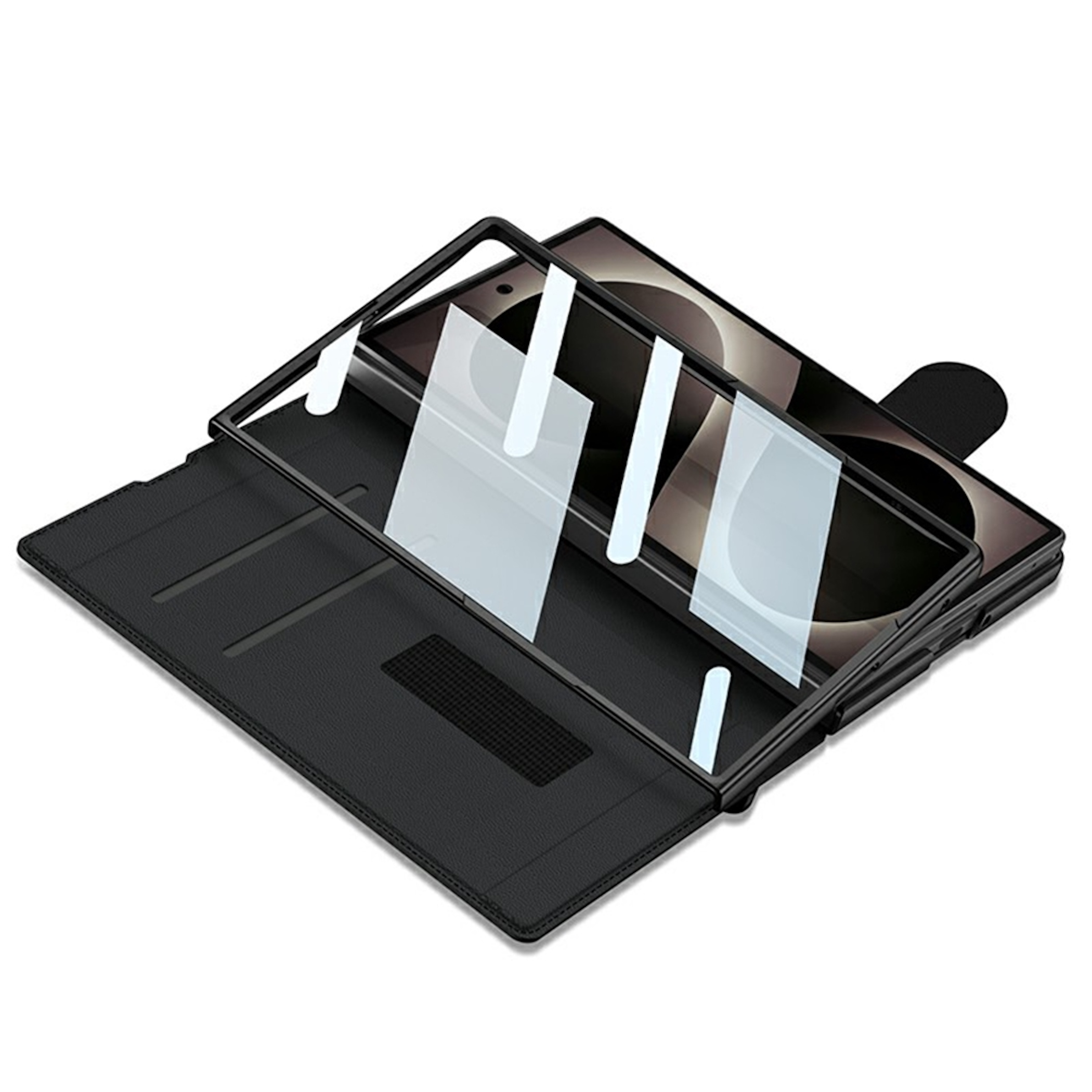 Schwarze Klapphülle für Smartphones mit offenem Etui und integriertem Bildschirmschutzrahmen auf weißem Hintergrund.