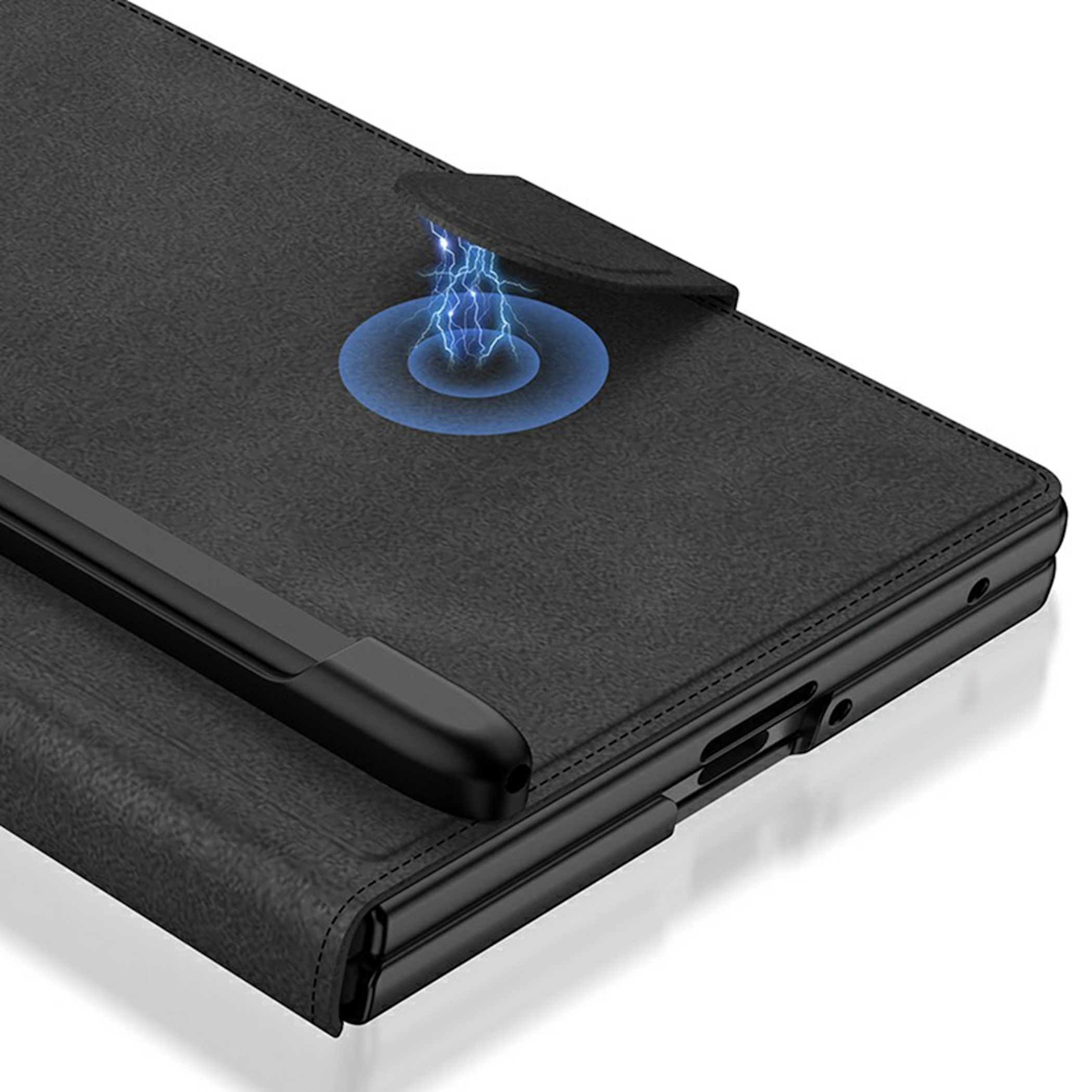 Eine schwarze Leder-Klapphandyhülle mit Stifthalter, Magnetverschluss und blauer elektrischer Funken-Grafik.