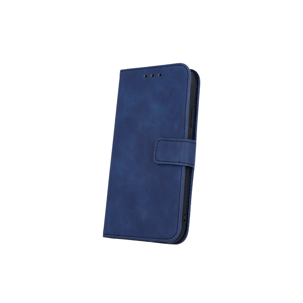 Eine geschlossene, dunkelblaue Handytasche aus Leder mit Magnetverschluss auf weißem Hintergrund.