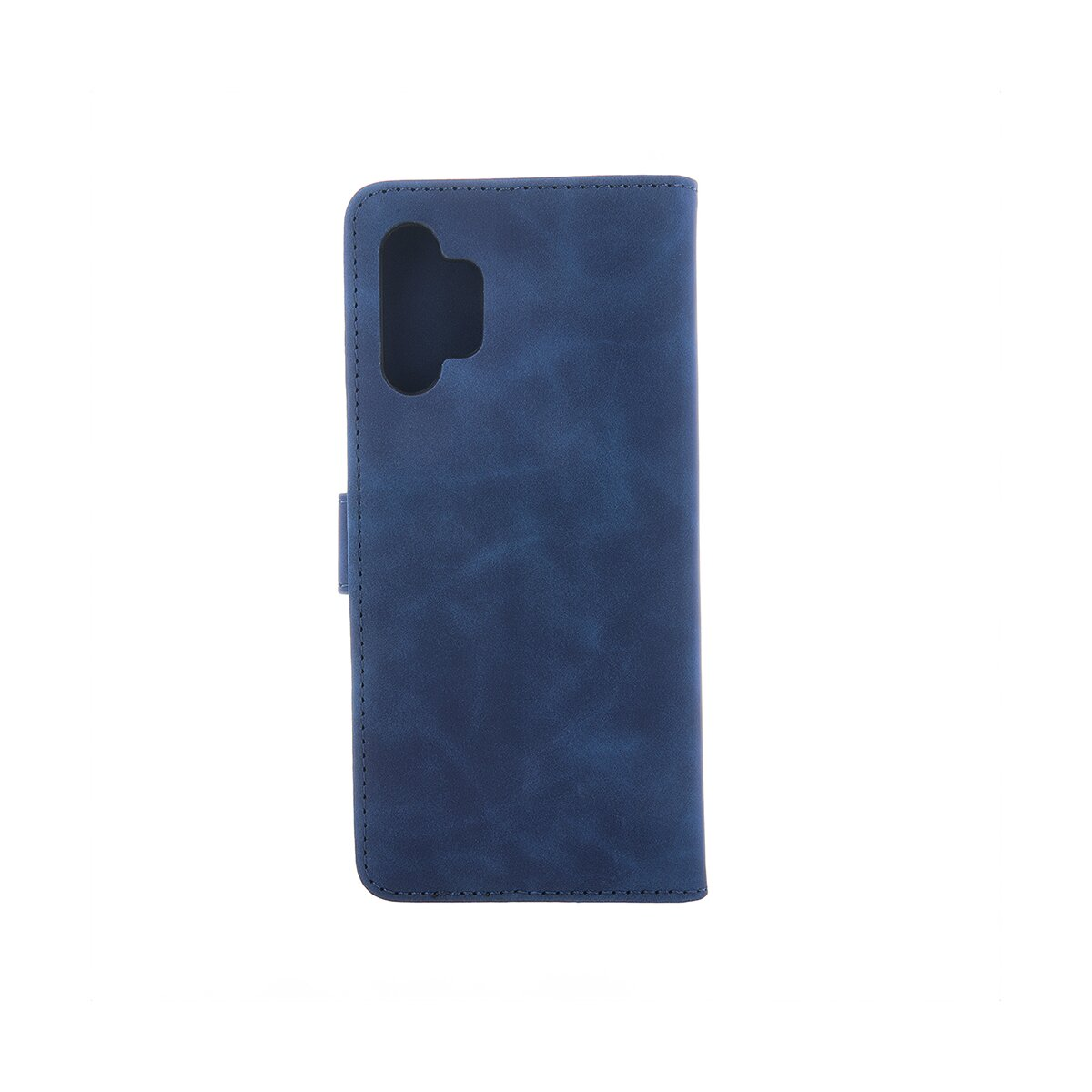 Blaue Handytasche aus Leder mit Kameraausschnitt auf weißem Hintergrund.