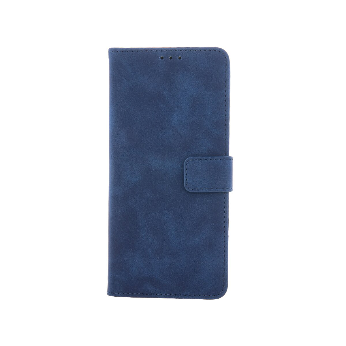 Eine geschlossene blaue Handytasche mit Magnetschließe und hellen Nähten auf weißem Hintergrund.