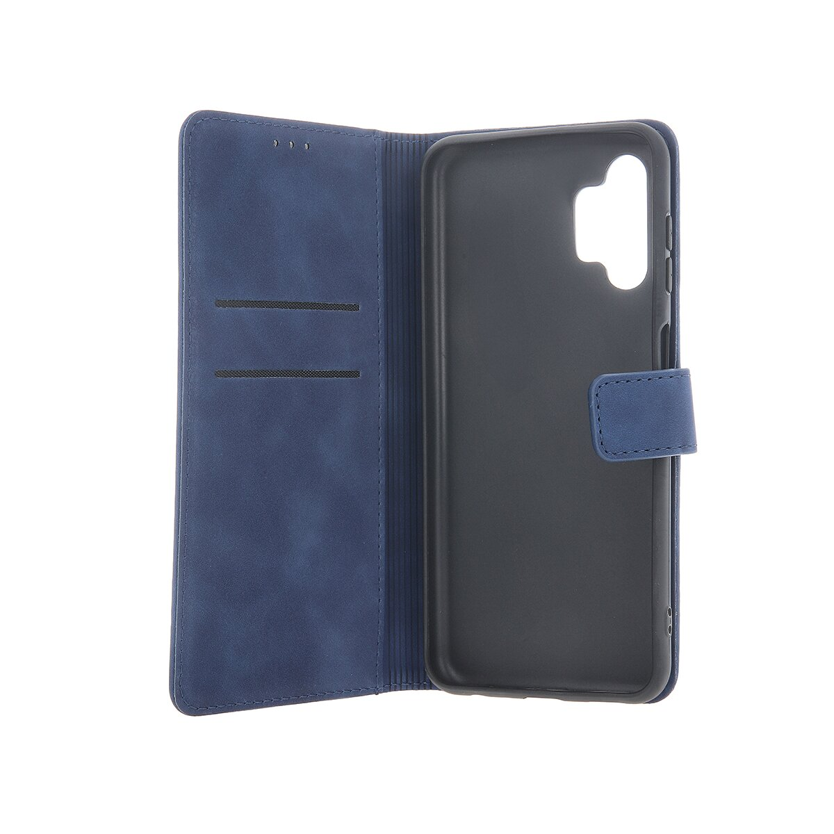Eine blaue Leder-Handytasche offen vor weißem Hintergrund mit Kartenfächern und Magnetverschluss.