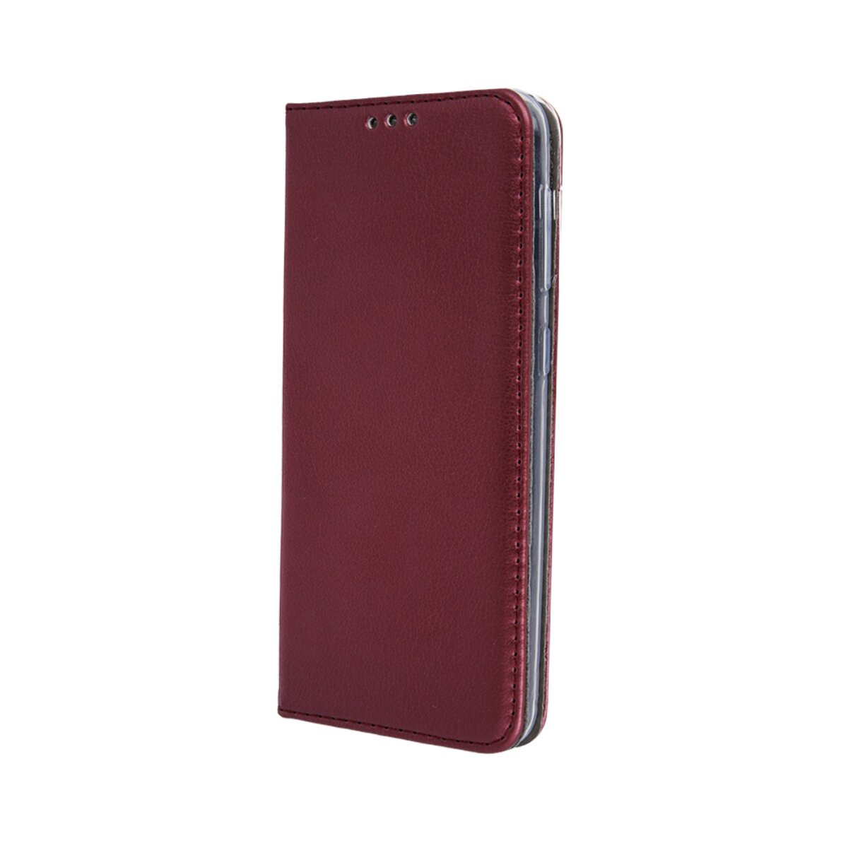 Ein bordeauxrotes Leder-Flip-Handy-Case auf weißem Grund zeigt das geschlossene Frontcover.