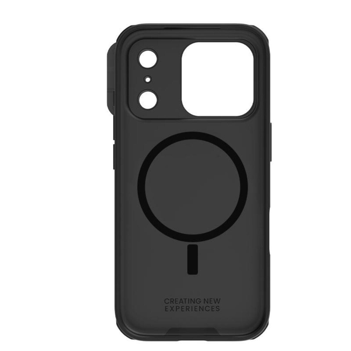 Schwarze Handyhülle mit Kameraausschnitt und runder magnetischer Ladefläche auf der Rückseite.