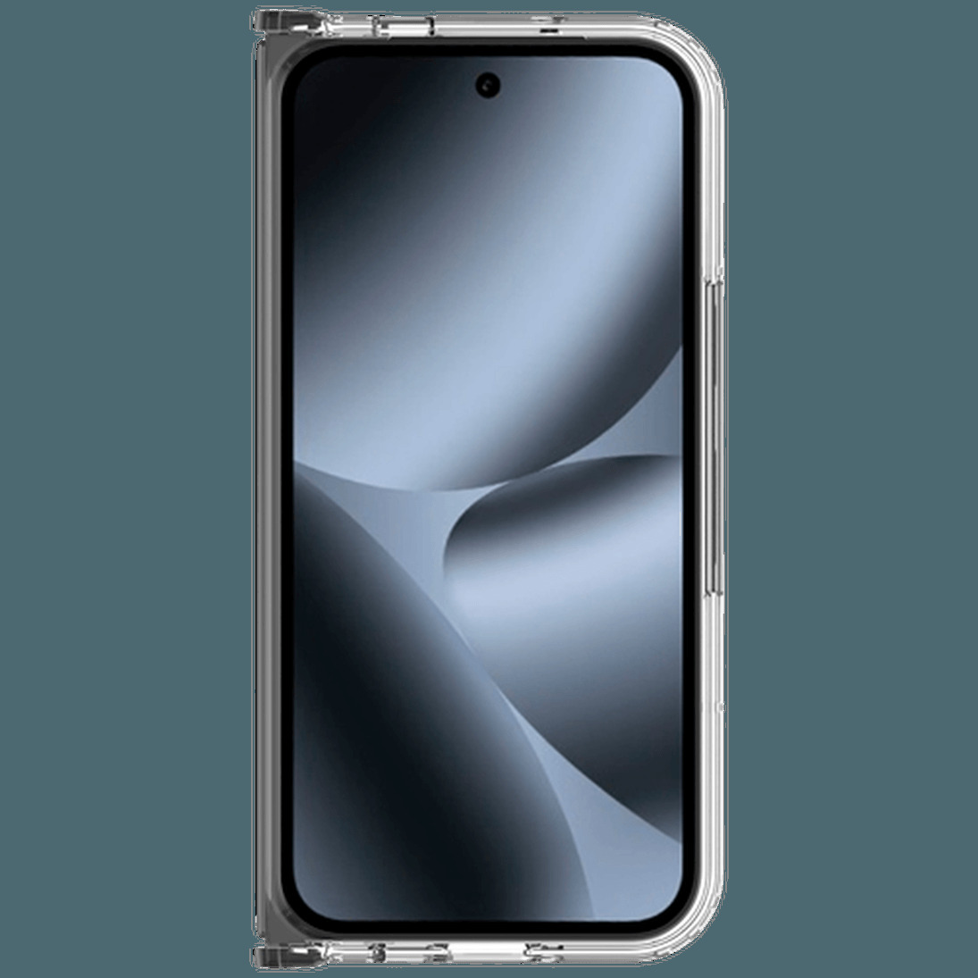 Ein faltbares Smartphone in einer klaren Schutzhülle vor einem einfarbigen Hintergrund.