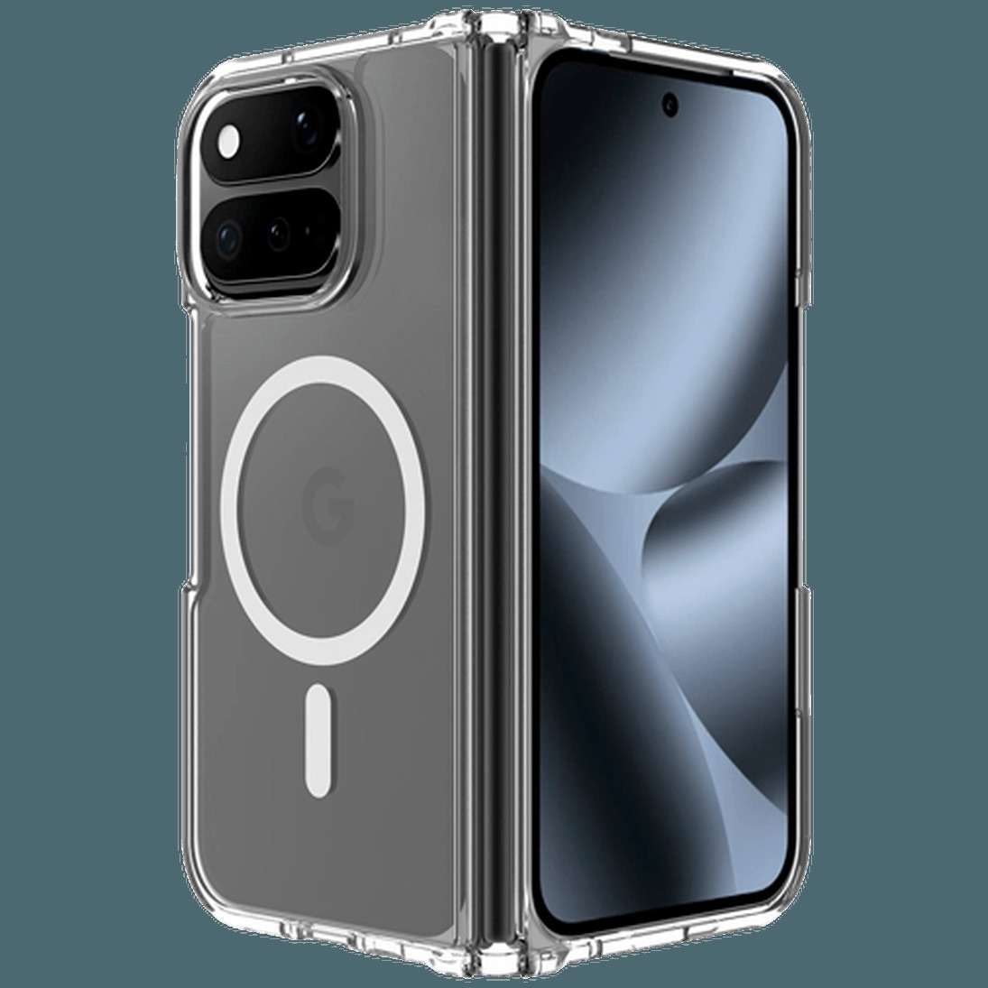 Ein faltbares Smartphone mit transparenter Hülle und MagSafe-Ring auf der Rückseite.