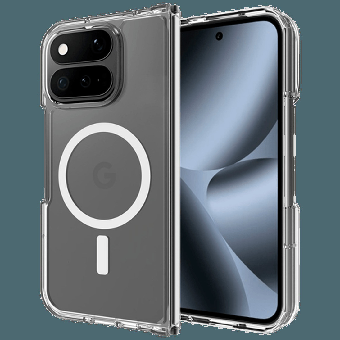 Ein Smartphone mit klarer Schutzhülle und MagSafe-Ring auf der Rückseite.