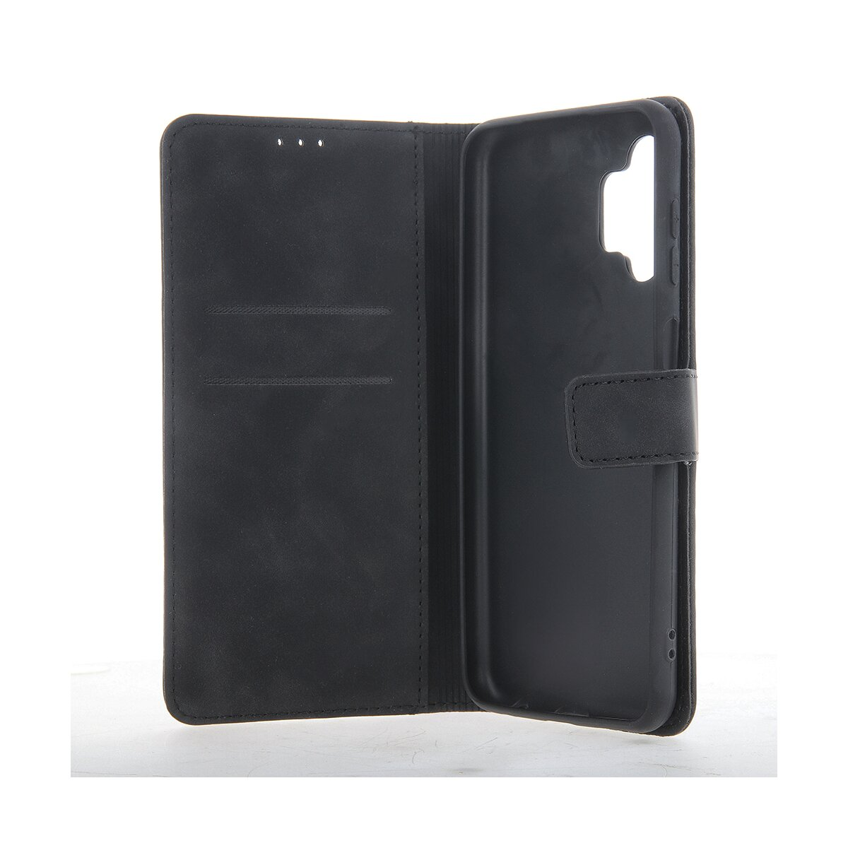 Offene schwarze Brieftaschen-Handyhülle aus Leder mit Kartenfächern und magnetischem Verschluss.