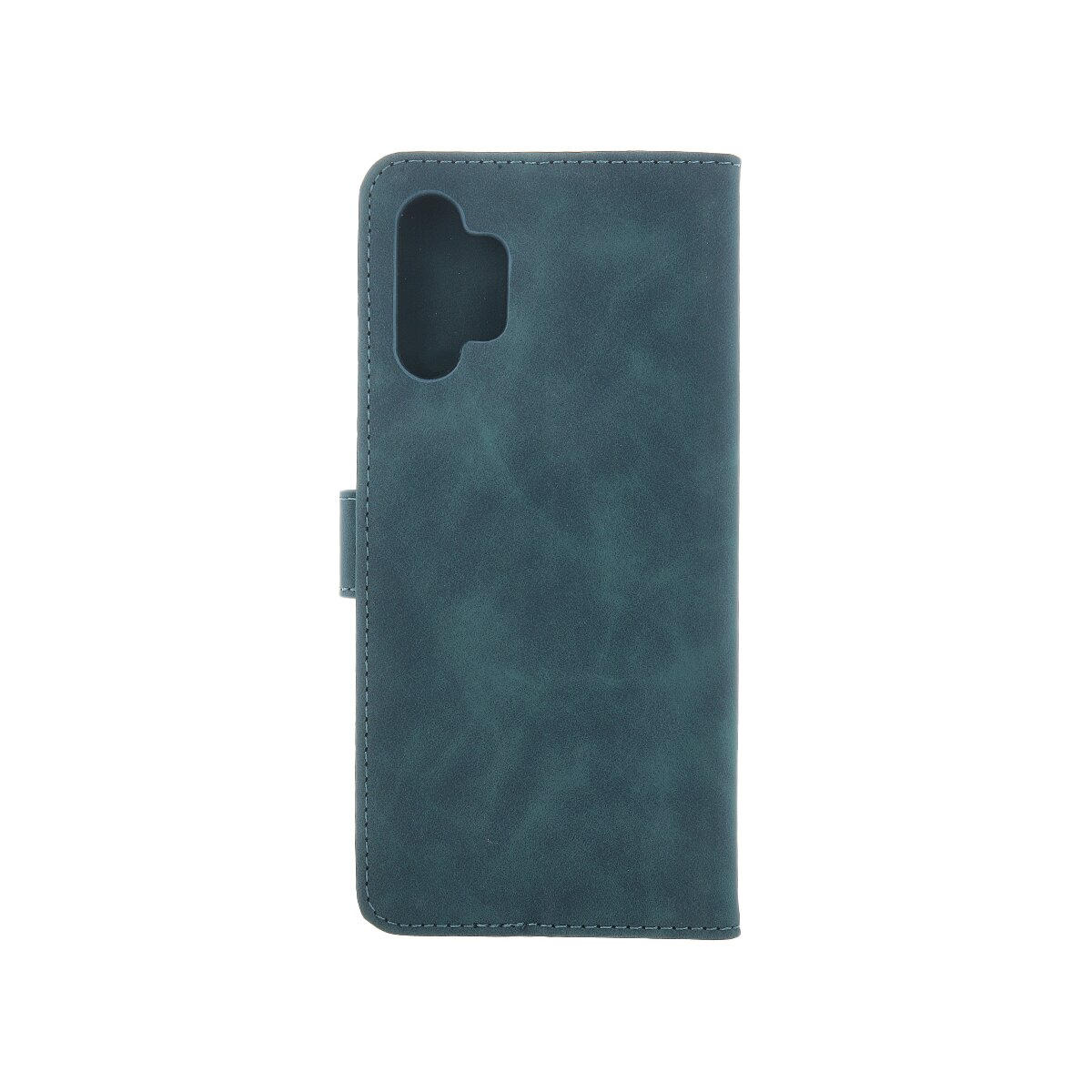 Ein dunkelblaugrünes Kunstleder-Handycover, geschlossen, zeigt die Rückseite mit Kamera-Aussparung auf weißem Hintergrund.