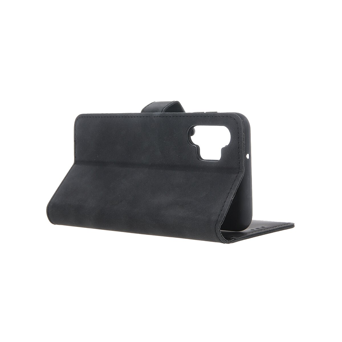 Eine schwarze Handytasche zum Aufklappen mit Ausschnitt für die Kamera steht auf einer weißen Oberfläche.