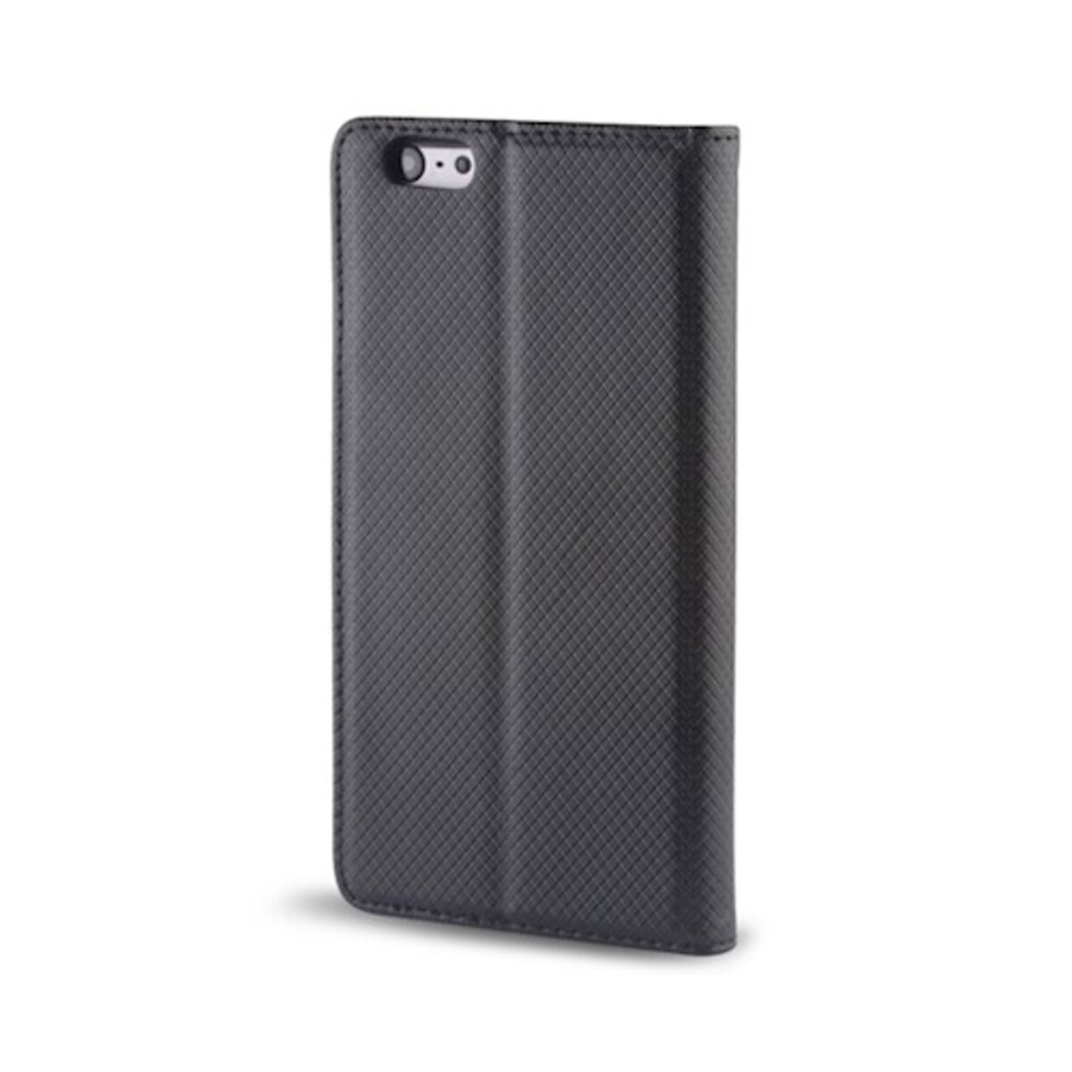 Eine schwarze Smartphone-Flipcase-Hülle mit Rautenmuster auf einer weißen Oberfläche.