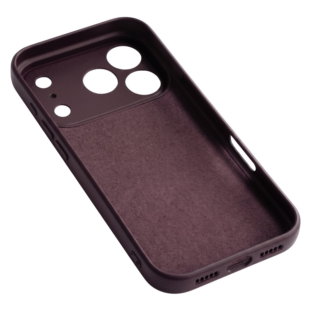 Dunkelvioletter Smartphone-Schutz mit weichem Innenfutter und präzisen Aussparungen für Kamera und Tasten.