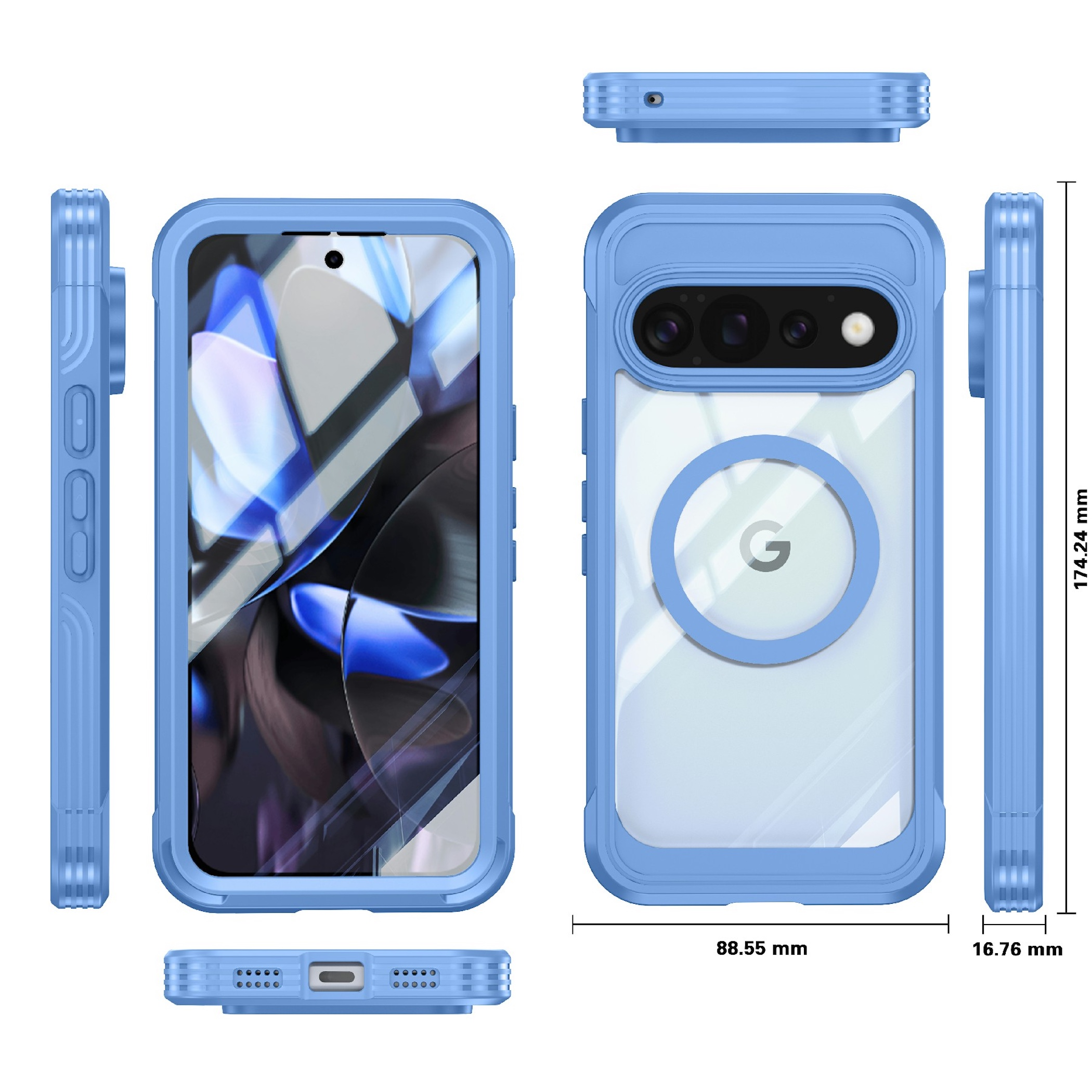 Verschiedene Ansichten einer blauen Handyhülle für ein Google-Smartphone, inklusive Maße.