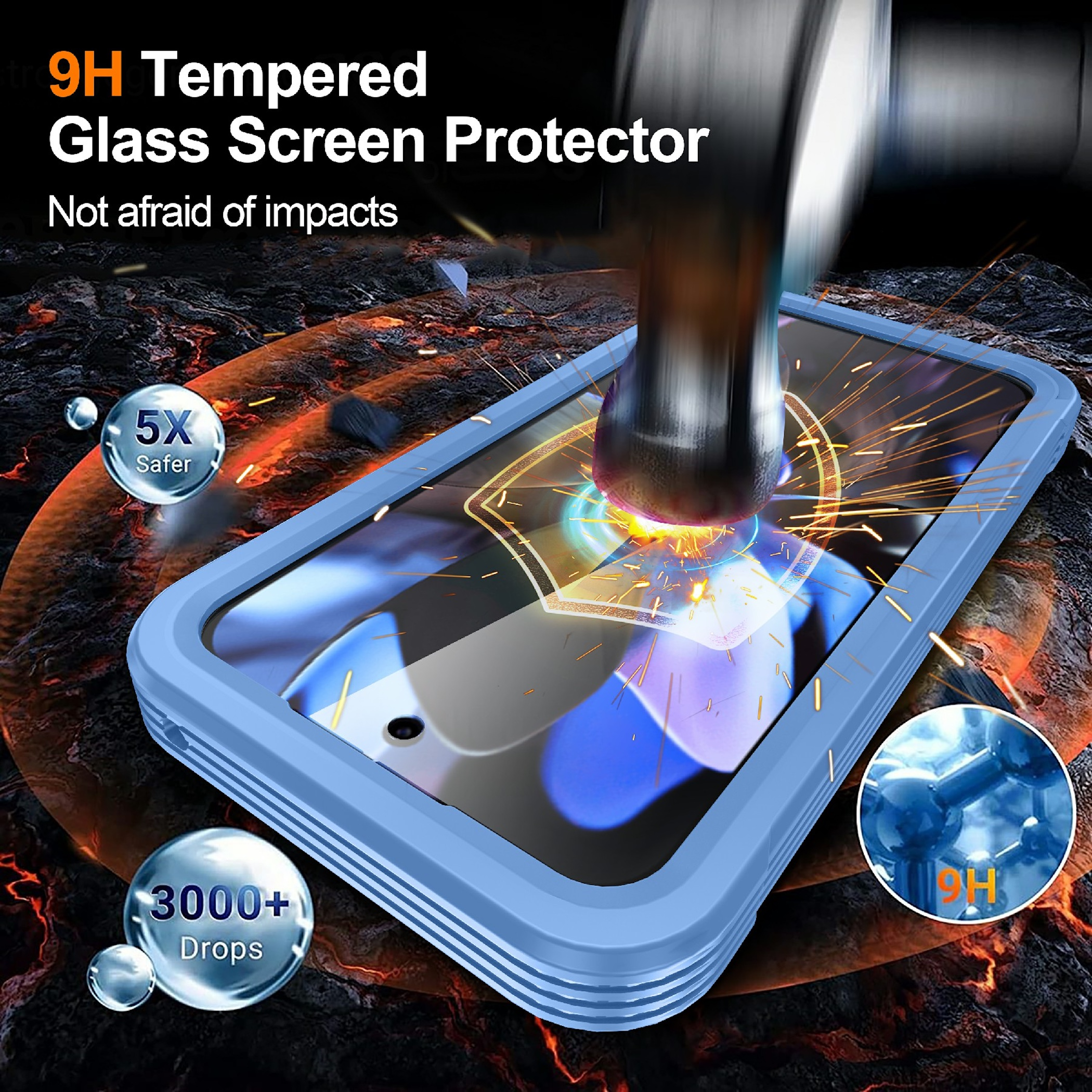 Ein Hammer schlägt auf eine robuste, blaue Smartphone-Hülle mit Bildschirmschutz ein.