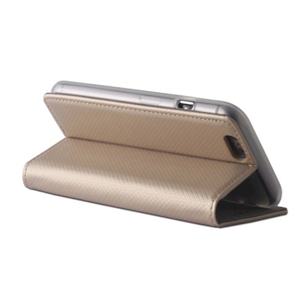 Ein Smartphone in einer goldfarbenen Klapphülle, auf weißer Oberfläche, als Ständer aufgestellt.