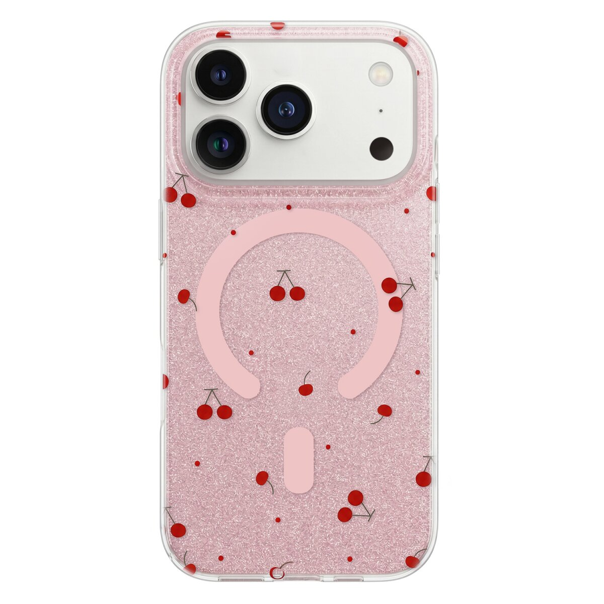 Rosa, glitzernde Smartphone-Hülle mit rotem Kirschmuster und einer runden MagSafe-Markierung.