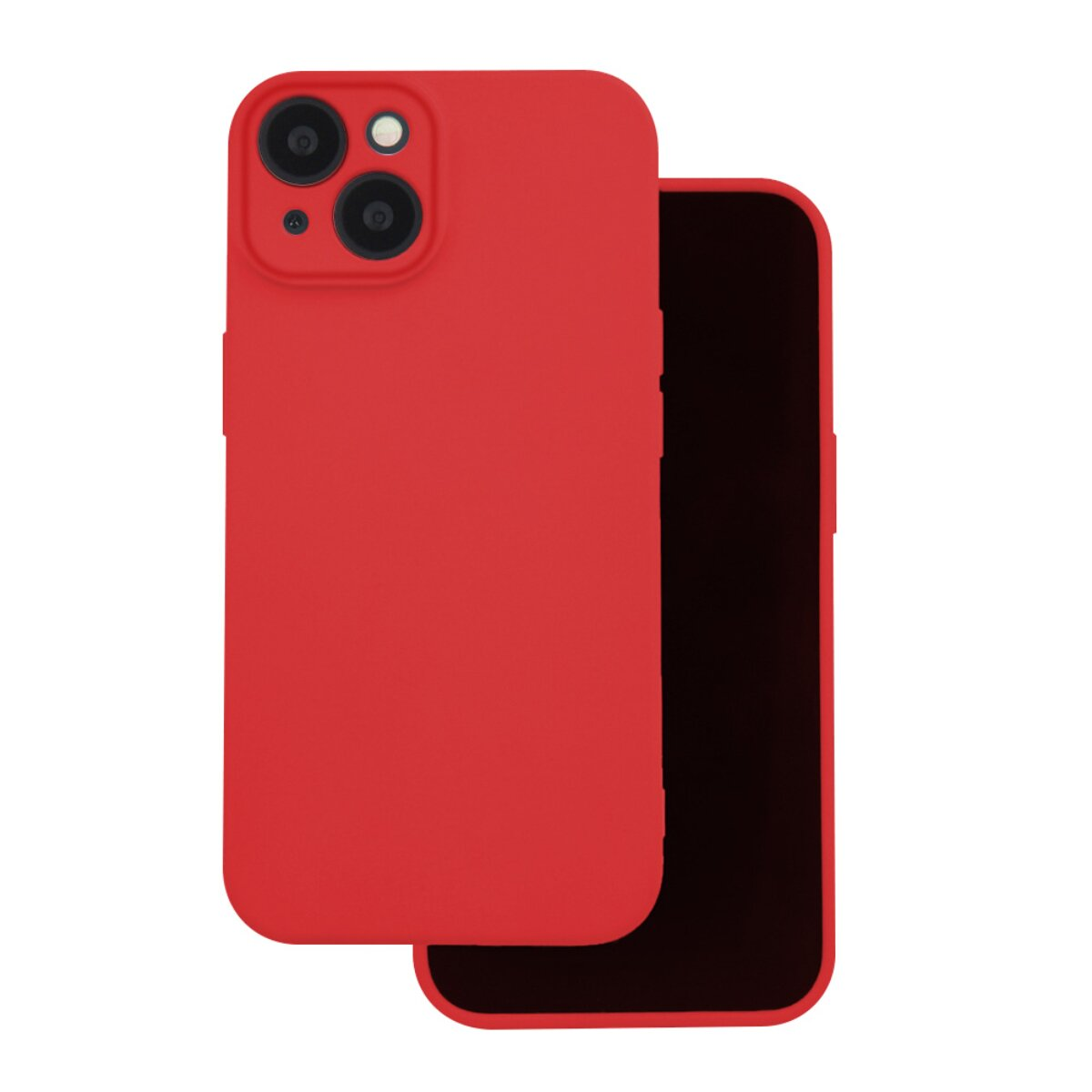 Ein rotes Smartphone in einer matten Silikonhülle zeigt die Rück- und Vorderseite vor weißem Hintergrund.