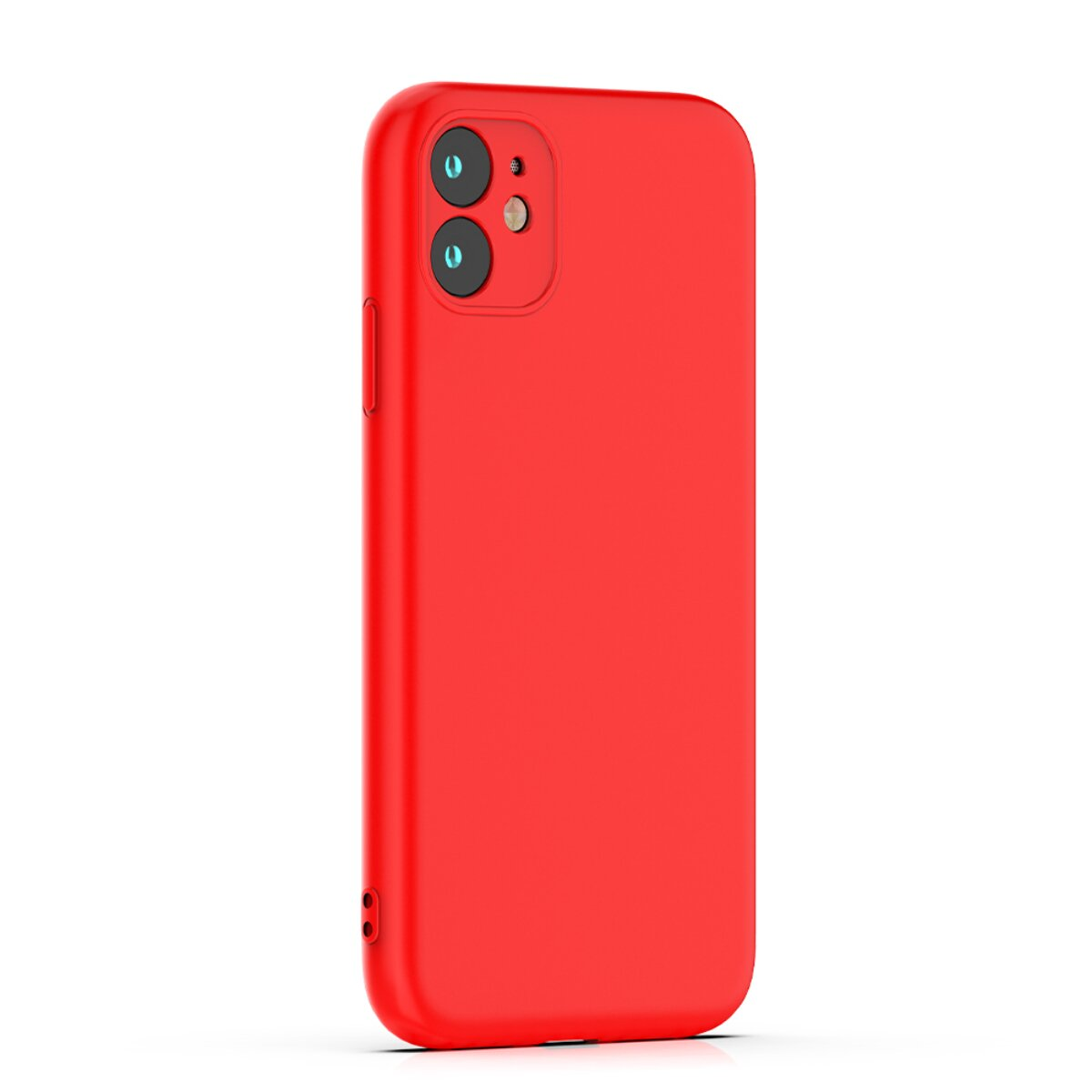 Eine leuchtend rote Smartphone-Hülle in vertikaler Ansicht mit Aussparung für zwei Kameras auf weißem Hintergrund.