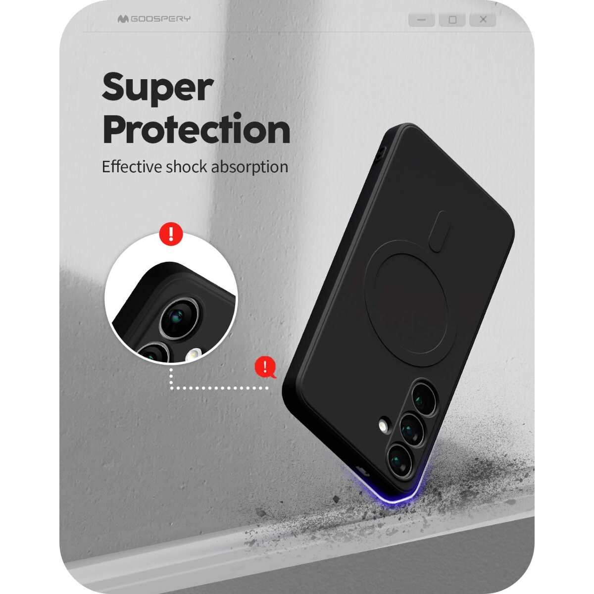 Schwarze Handyhülle mit Aufschrift Super Protection stößt an eine Wand, mit Nahaufnahme der Kamera.