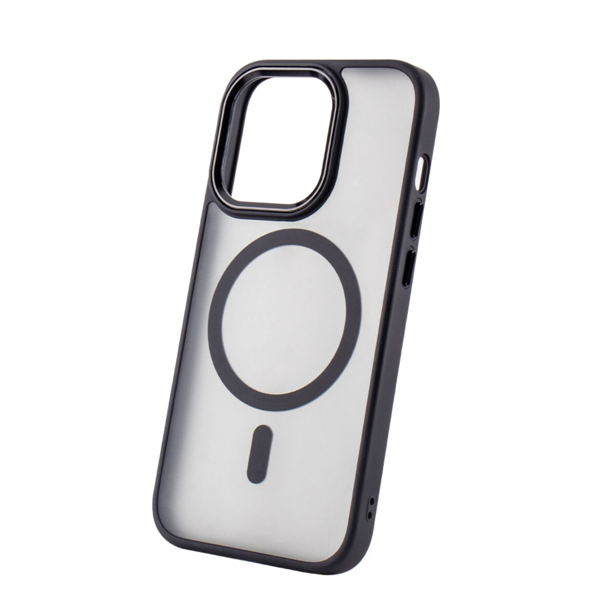 Eine schwarze Smartphone-Hülle mit einem runden MagSafe-Symbol auf der mattierten Rückseite.