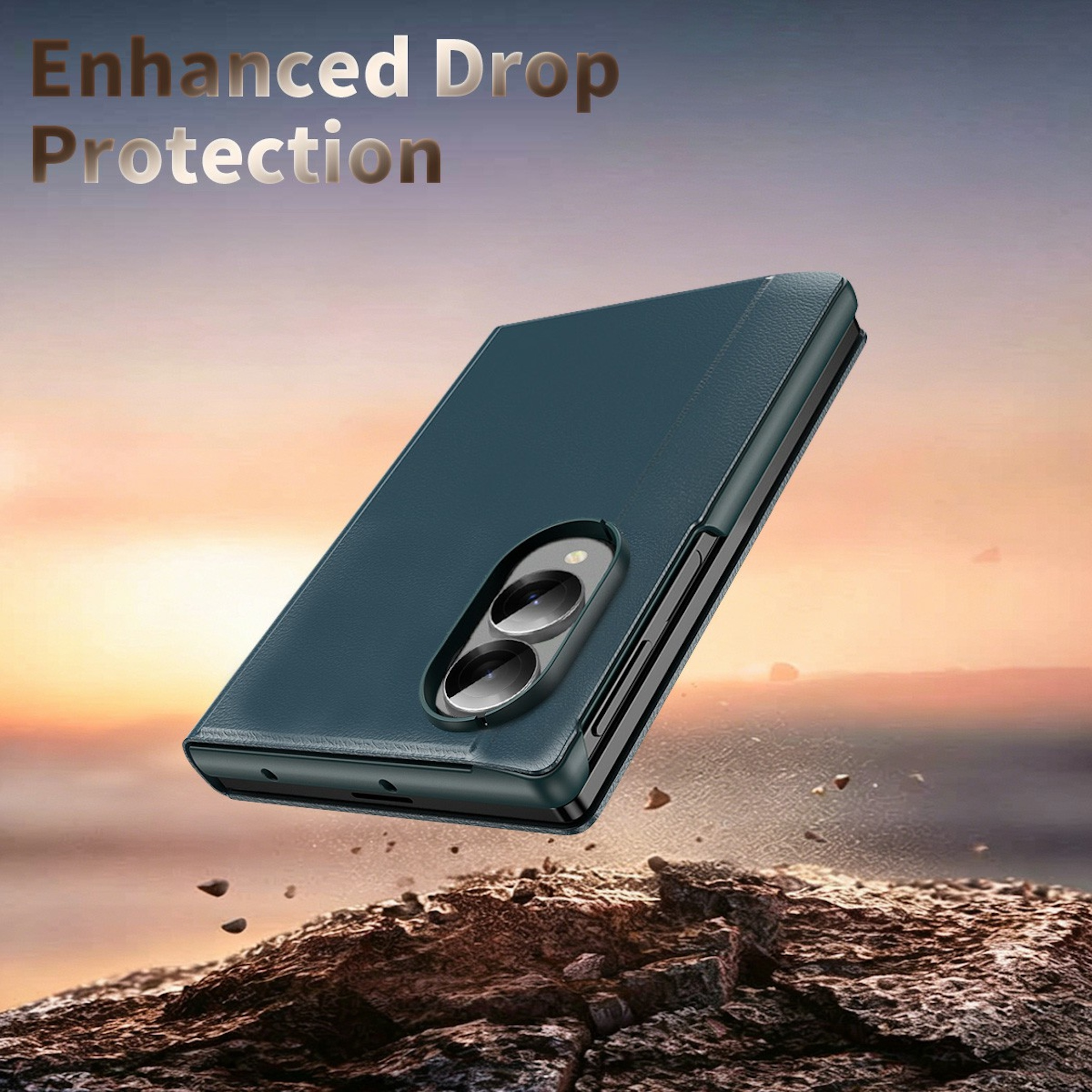 Eine blaue Ledersmarthophobhülle schwebt bei Sonnenuntergang über felsigem Boden mit dem Text Enhanced Drop Protection.