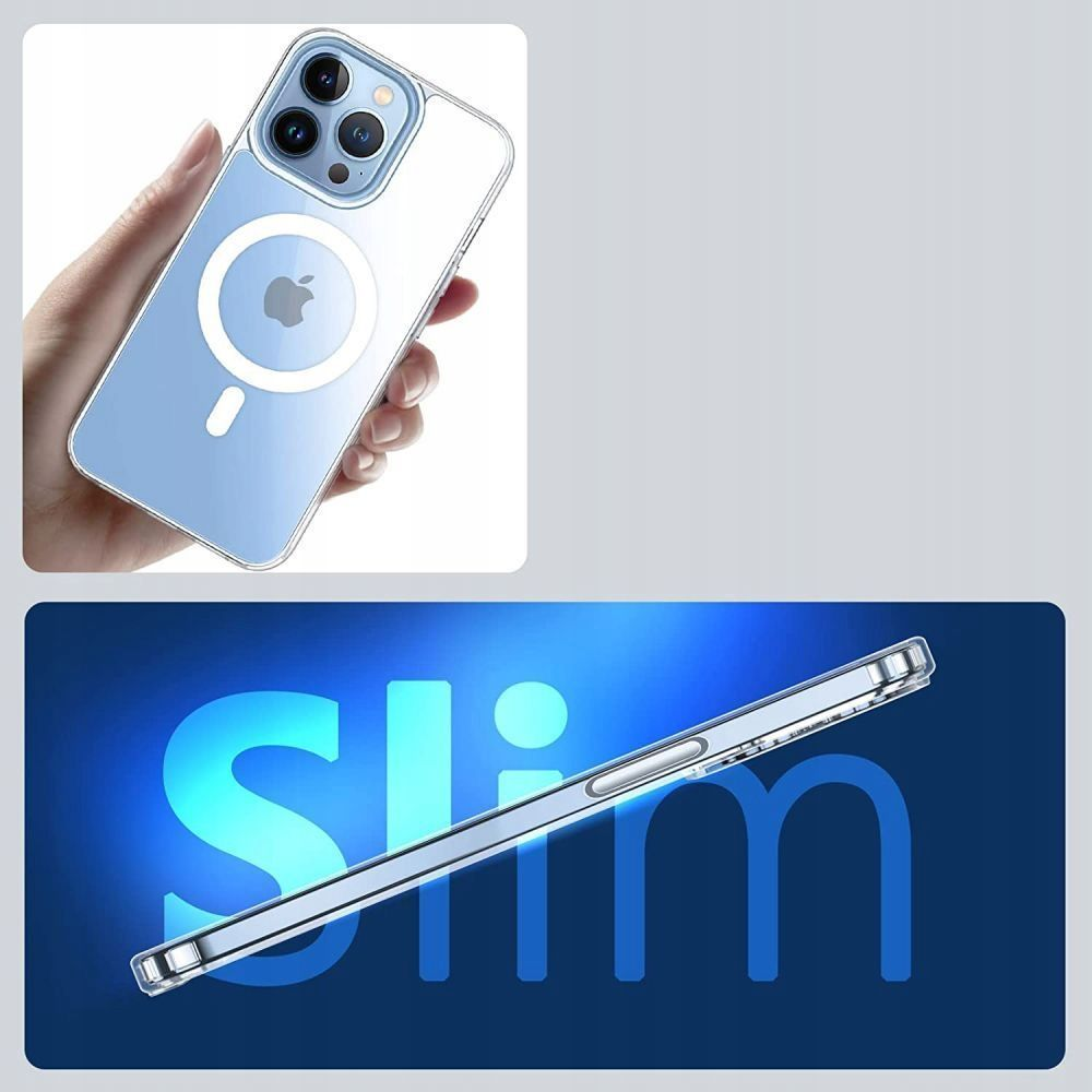 Hand hält ein blaues iPhone in transparenter MagSafe-Hülle; unten zeigt eine andere Ansicht das schlanke Profil.
