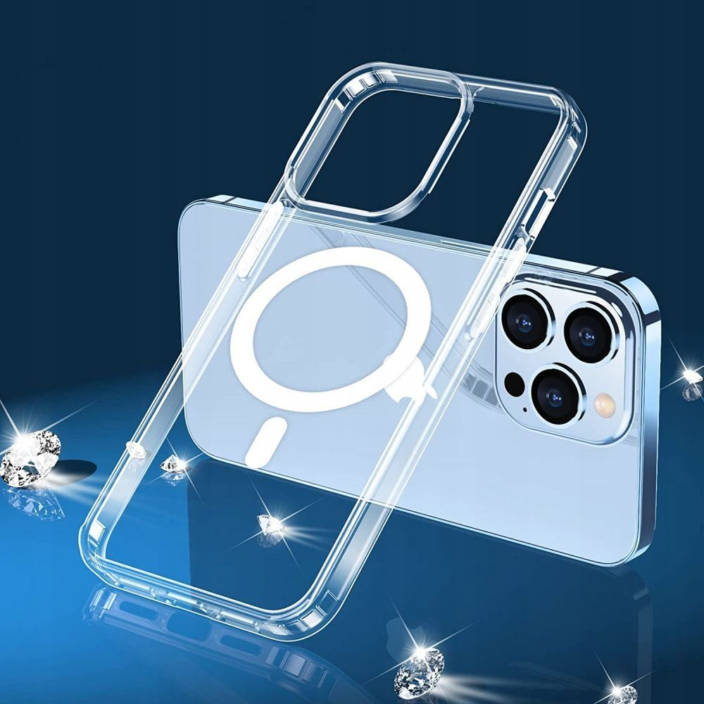 Transparente MagSafe-Handyhülle vor einem blauen Smartphone, umgeben von funkelnden Diamanten.