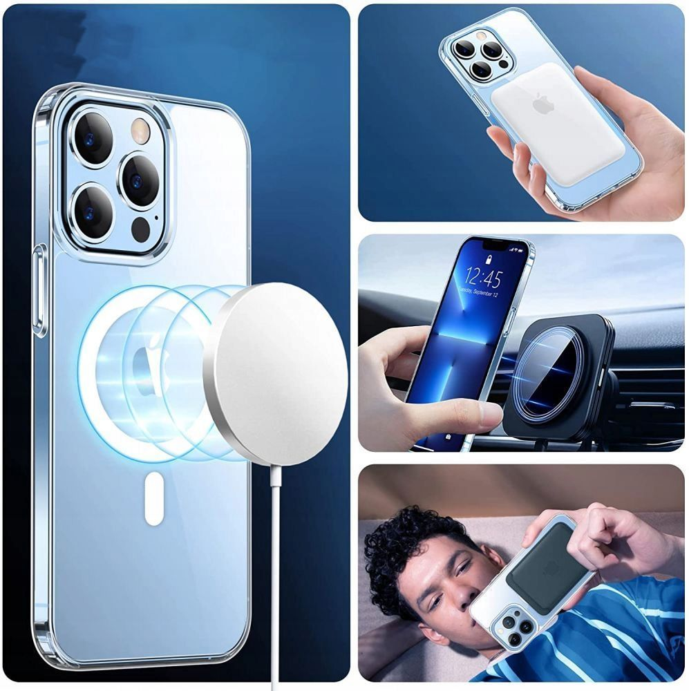 Eine transparente Handyhülle mit MagSafe-Funktion und verschiedenen Verwendungsbeispielen.