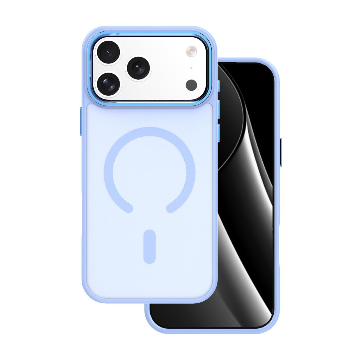 Ein hellblaues Smartphone mit MagSafe-Hülle und dreifacher Kamera auf weißem Hintergrund.