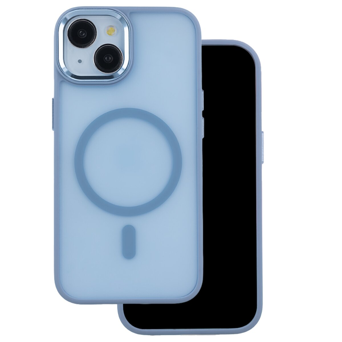 Blaue Handyhülle mit MagSafe-Kreis und Kameraausschnitt auf schwarzem Smartphone.