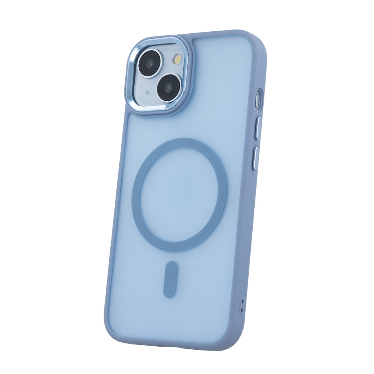 Eine hellblaue Smartphone-Hülle mit einem runden MagSafe-Ring auf der Rückseite vor weißem Hintergrund.
