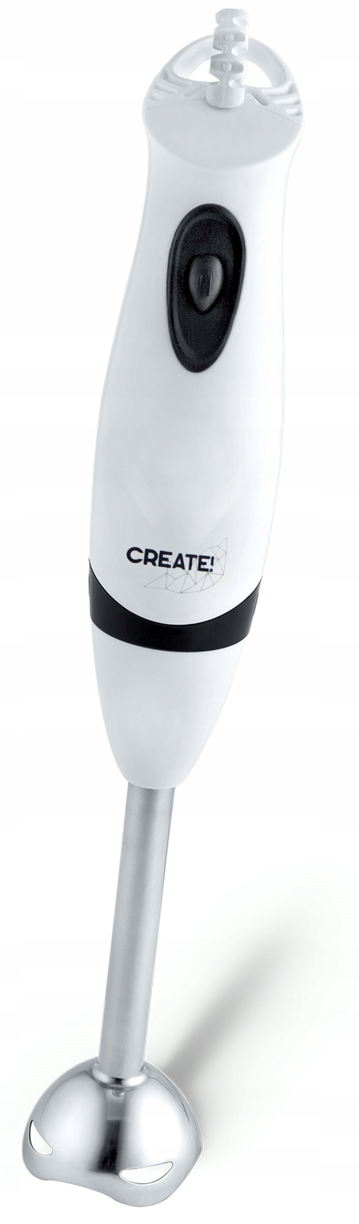 Biały blender ręczny z czarnym przyciskiem, nazwą marki CREATE! i srebrną końcówką na białym tle.