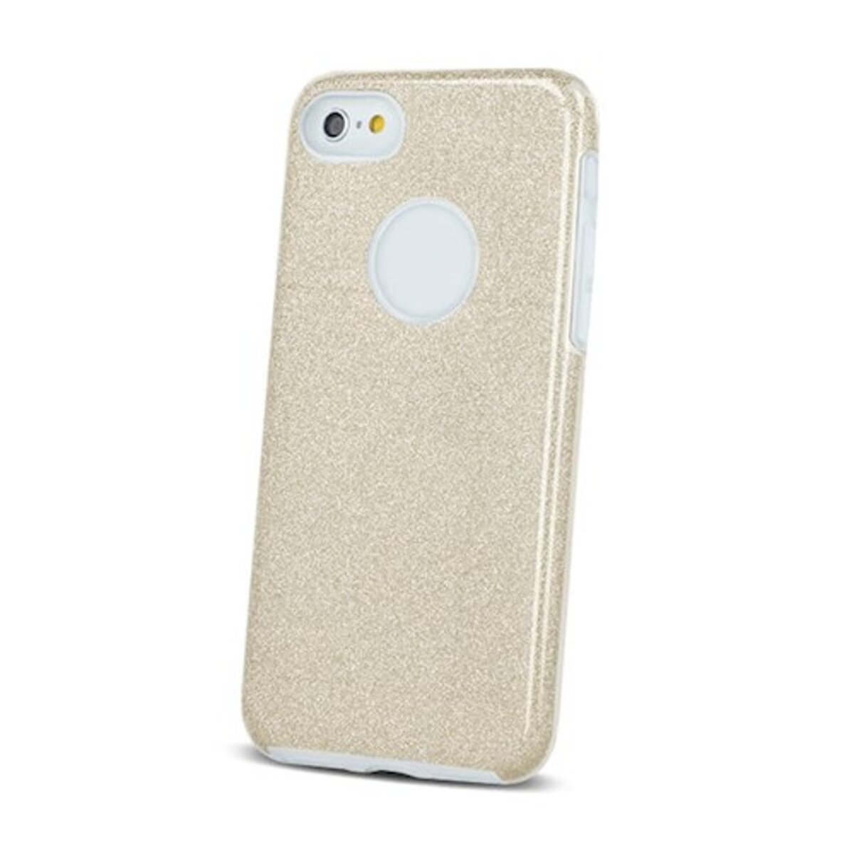 Eine glitzernde goldene Smartphone-Hülle mit Kameraausschnitt und Apple-Logo-Kreis auf weißem Hintergrund.