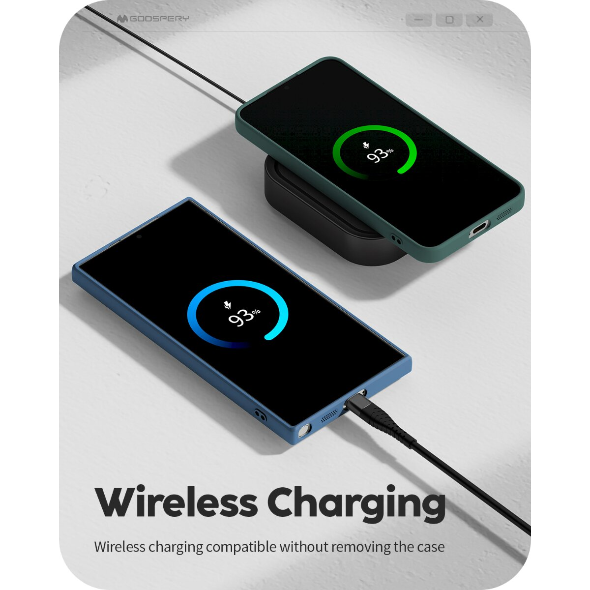 Zwei Smartphones in bunten Hüllen werden geladen: eines kabellos, das andere mit Kabel.