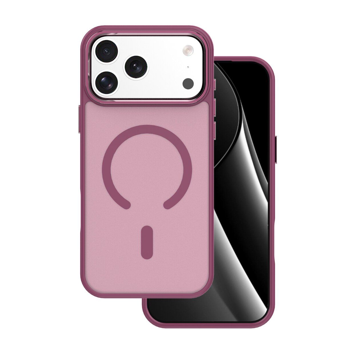 Eine rosa Handyhülle mit MagSafe-Ring auf der Rückseite, gezeigt auf zwei Handys vor weißem Hintergrund.