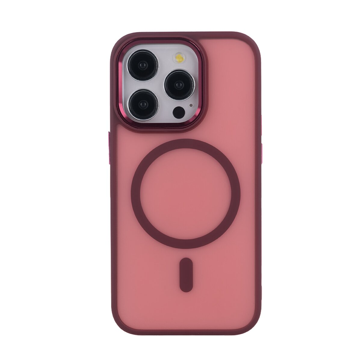 Rückseite einer roten Smartphone-Hülle mit kreisörmigem MagSafe-Symbol und Kameraausschnitt.