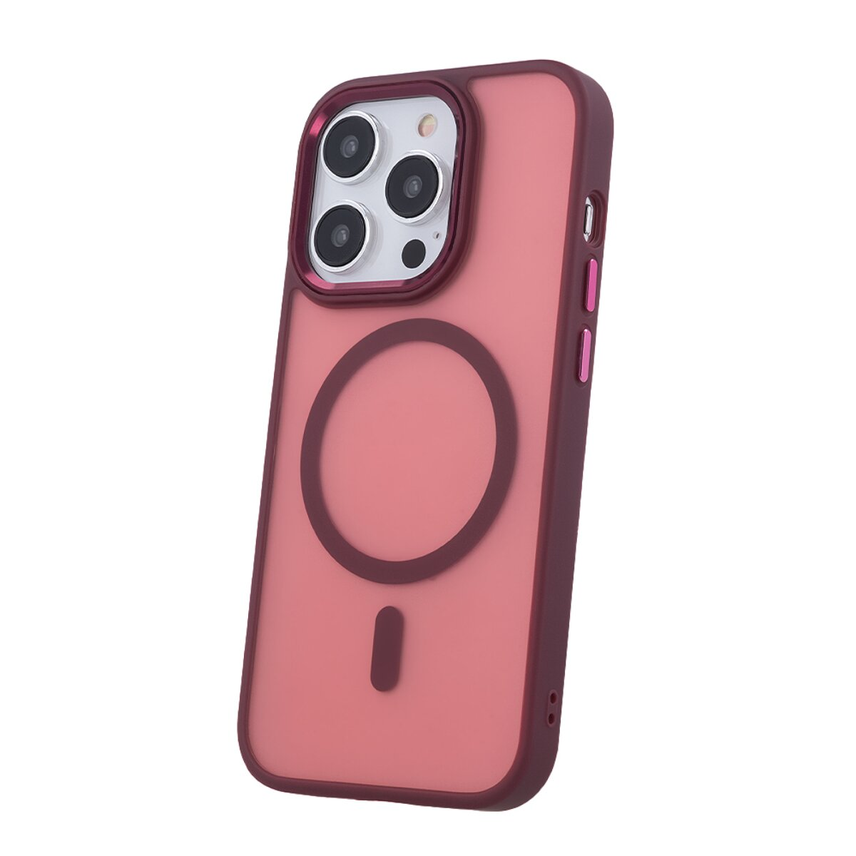 Ein mattes, dunkelrotes Smartphone-Cover mit kreisförmigem MagSafe-Symbol auf der Rückseite vor weißem Hintergrund.