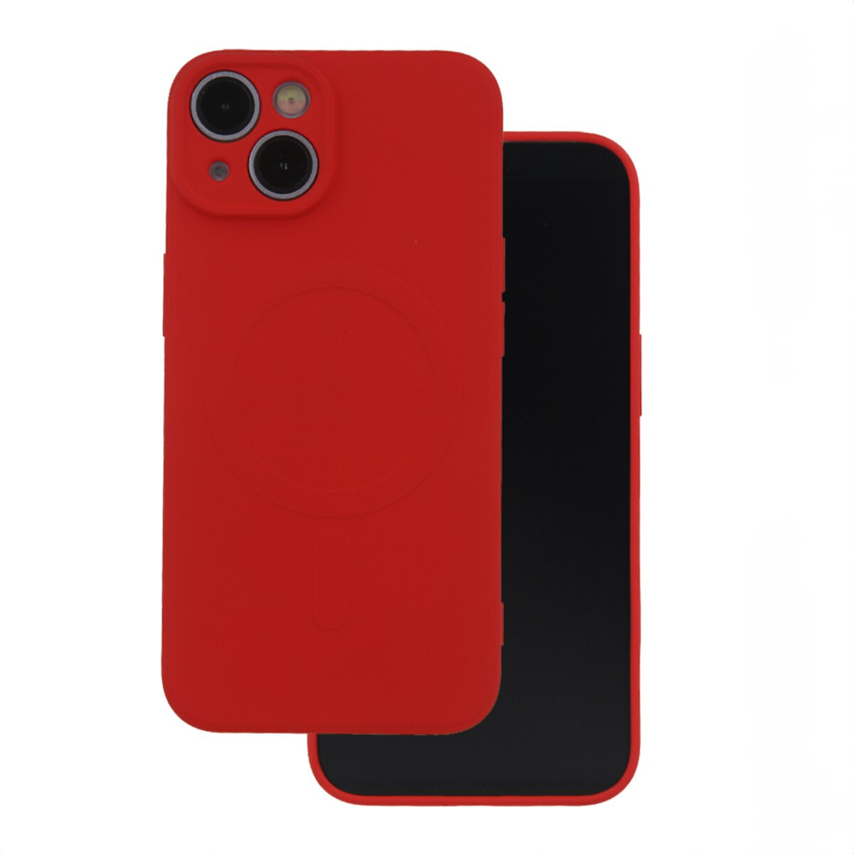 Ein rotes Smartphone in einer Silikonhülle zeigt die Rückseite mit Kameras und das schwarze Display.