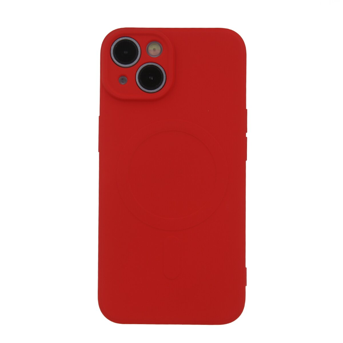 Rote Smartphone-Hülle mit zwei Kameras und kreisförmigem MagSafe-Logo auf weißem Hintergrund.