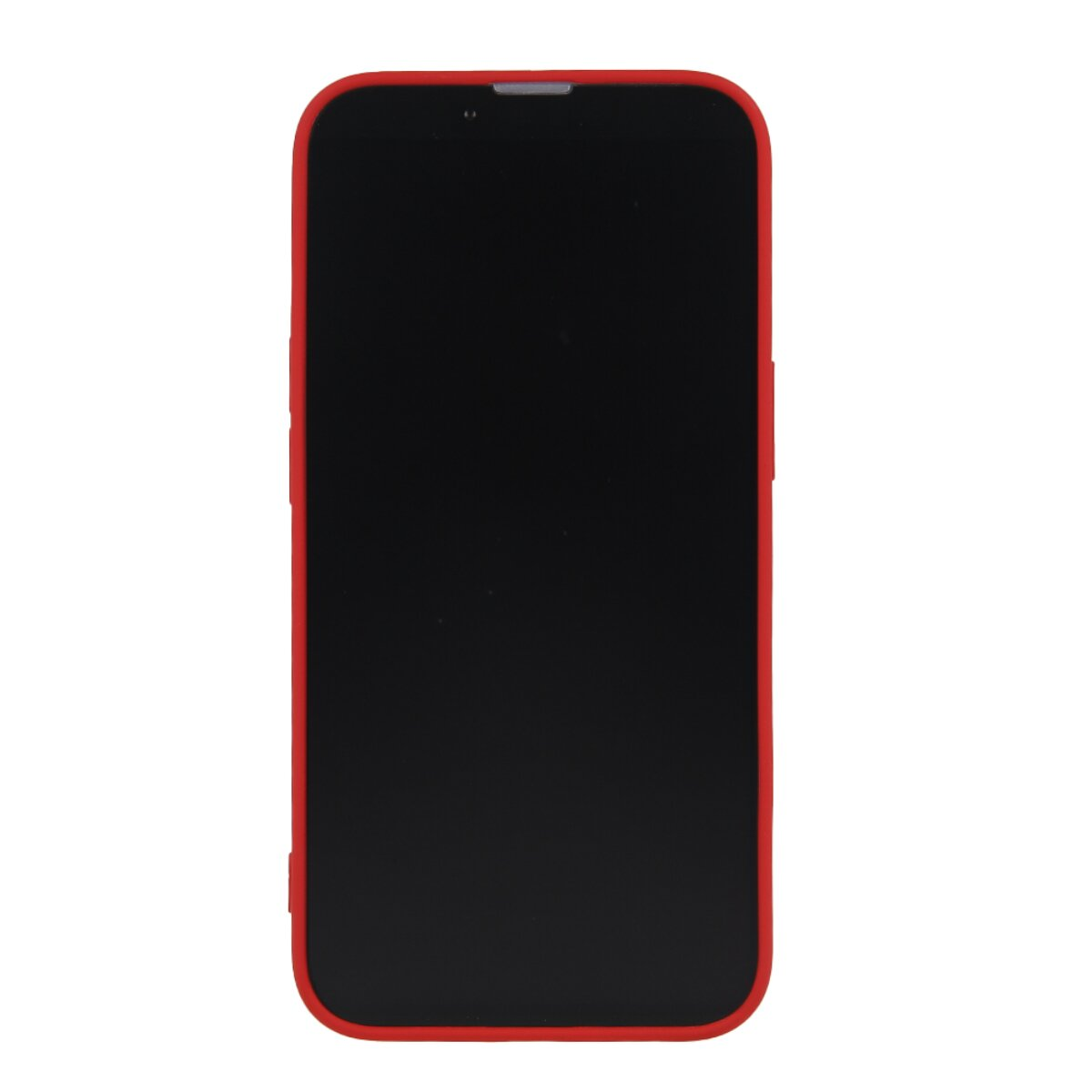 Ein Smartphone in einer roten Schutzhülle, von vorne vor einem schlichten weißen Hintergrund betrachtet.
