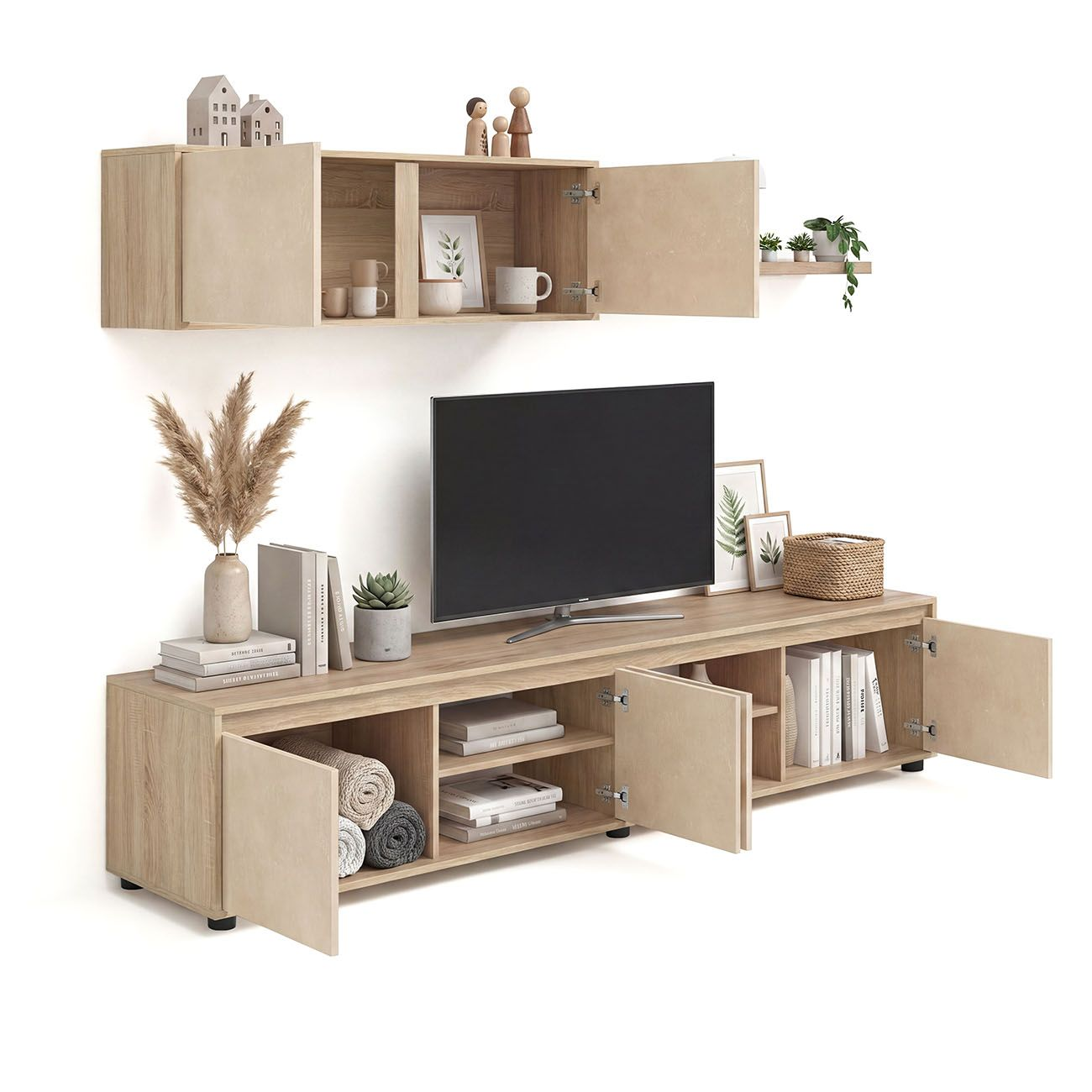 Moderno mueble de TV de madera con estantes abiertos, armarios cerrados y decoración.