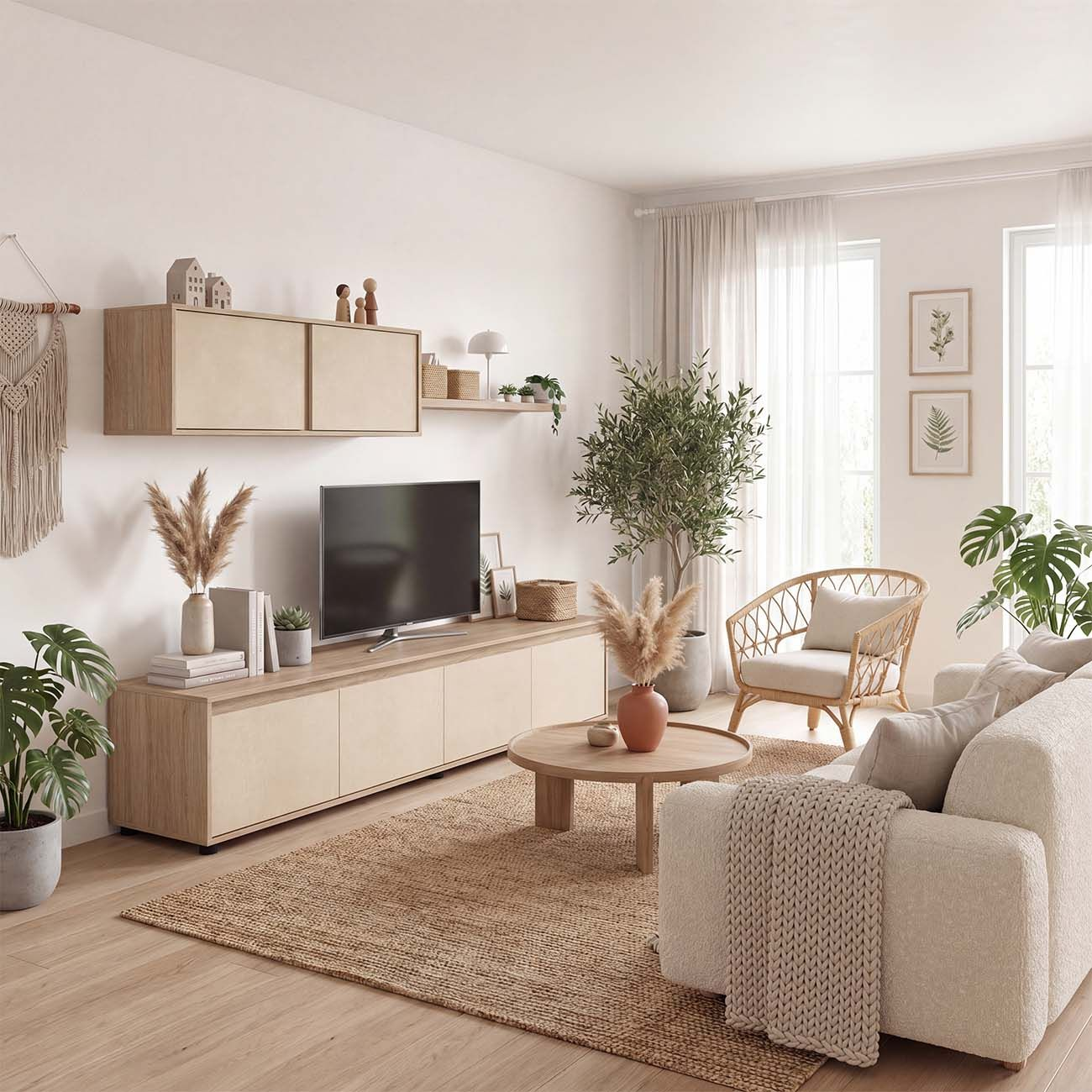 Una sala de estar luminosa y moderna con muebles de madera, plantas, una alfombra, un televisor y un sofá acogedor.