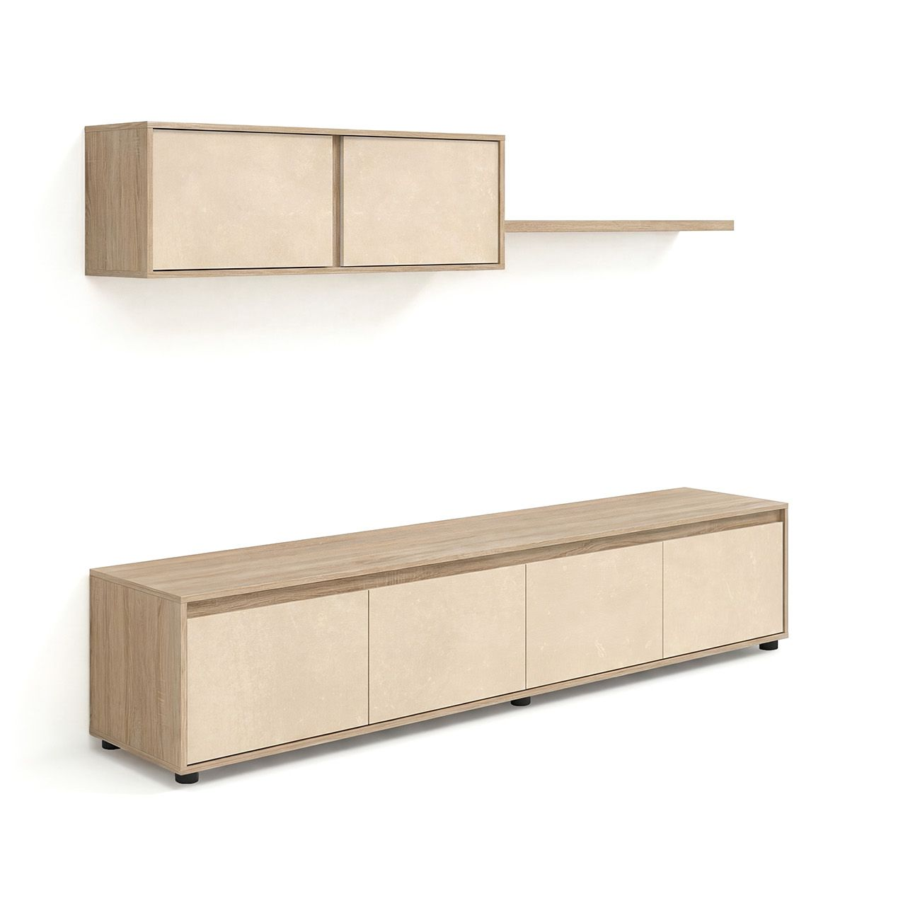 Un mueble TV de madera clara con puertas crema y un armario de pared a juego sobre fondo blanco.