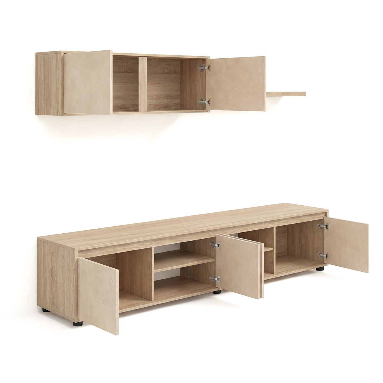 Mueble de TV de madera clara y armario de pared con compartimentos abiertos y puertas abiertas sobre fondo blanco.
