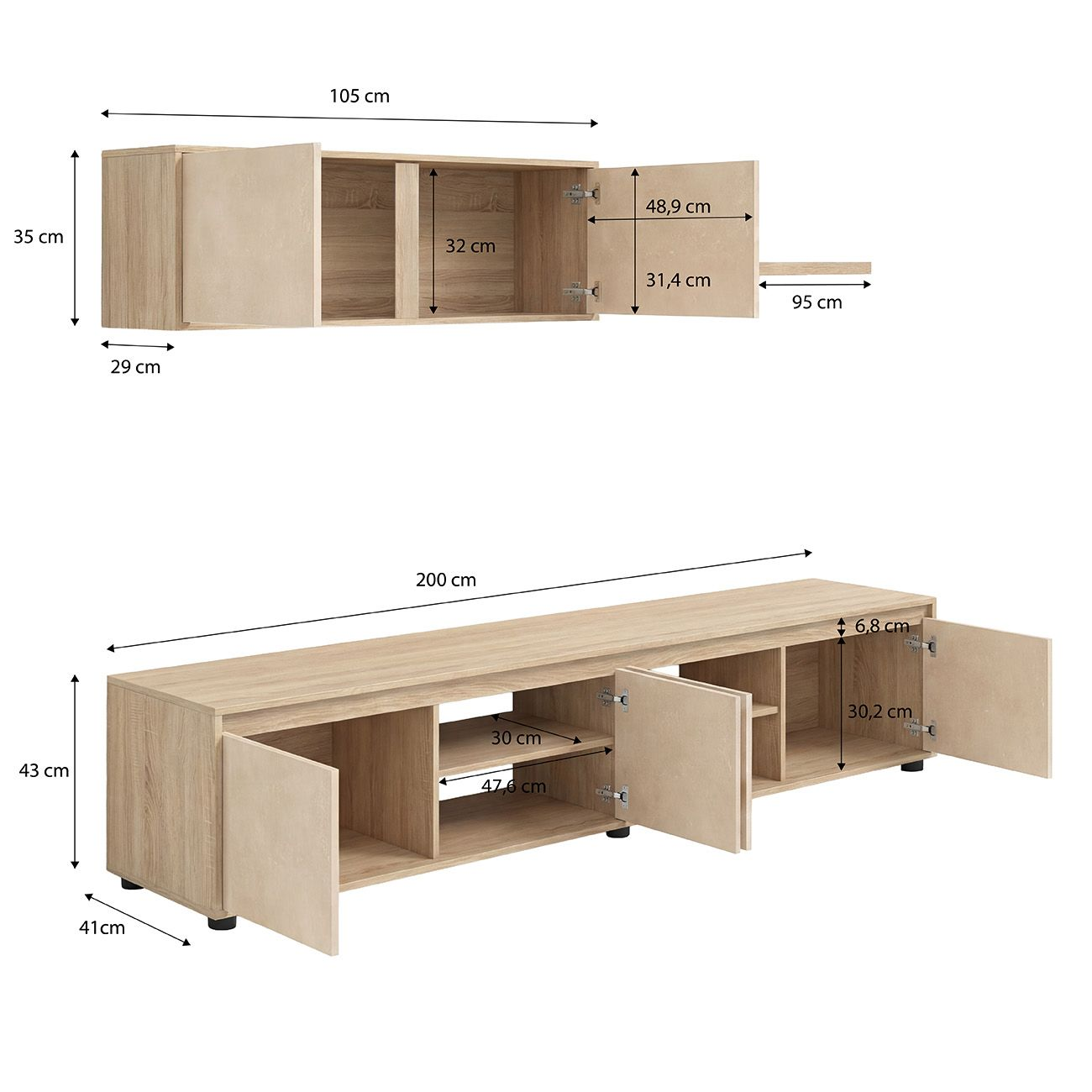 Mueble de TV de madera clara y armario de pared con dimensiones en cm sobre fondo blanco.