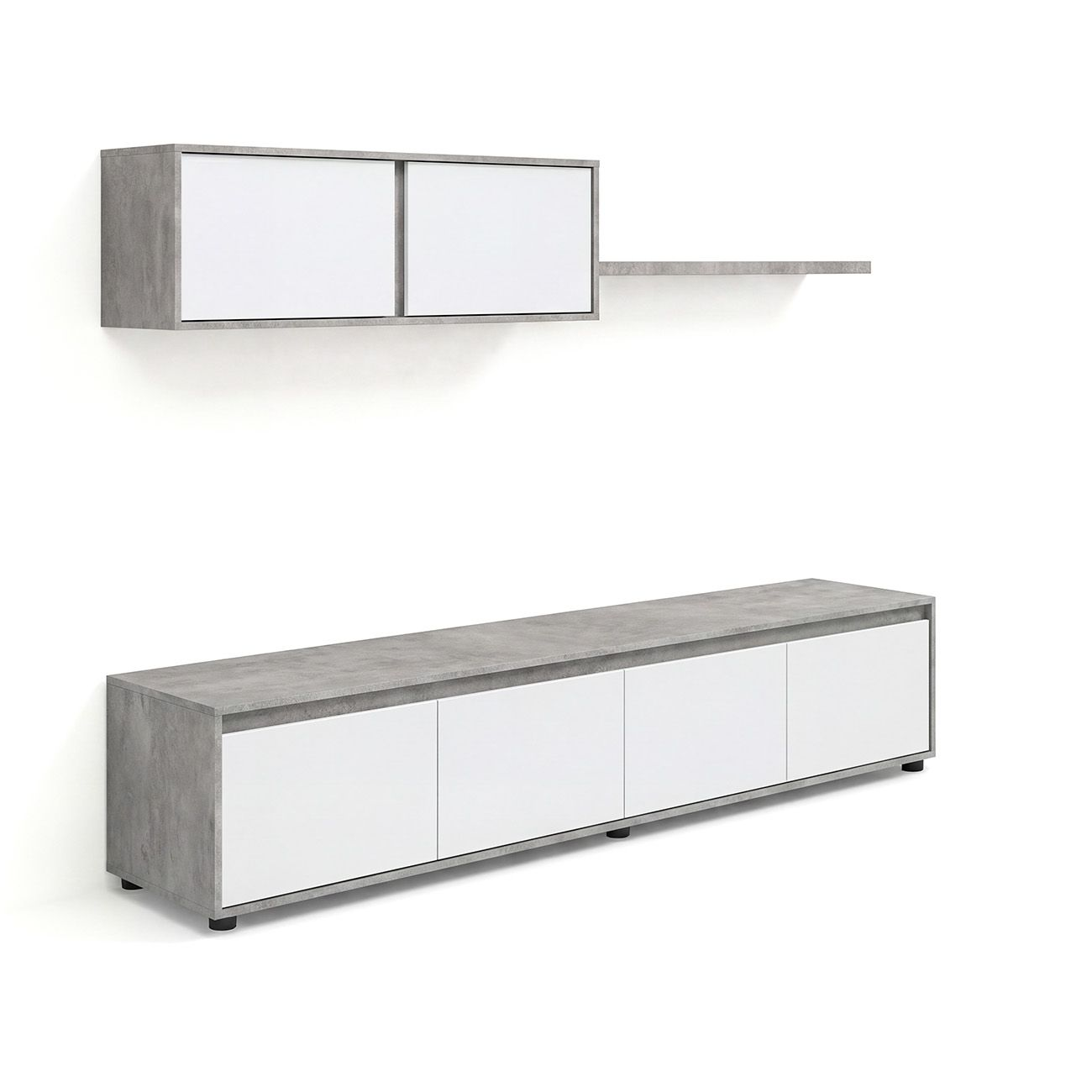 Un mueble de TV moderno y armario de pared a juego con puertas blancas y efecto hormigón.