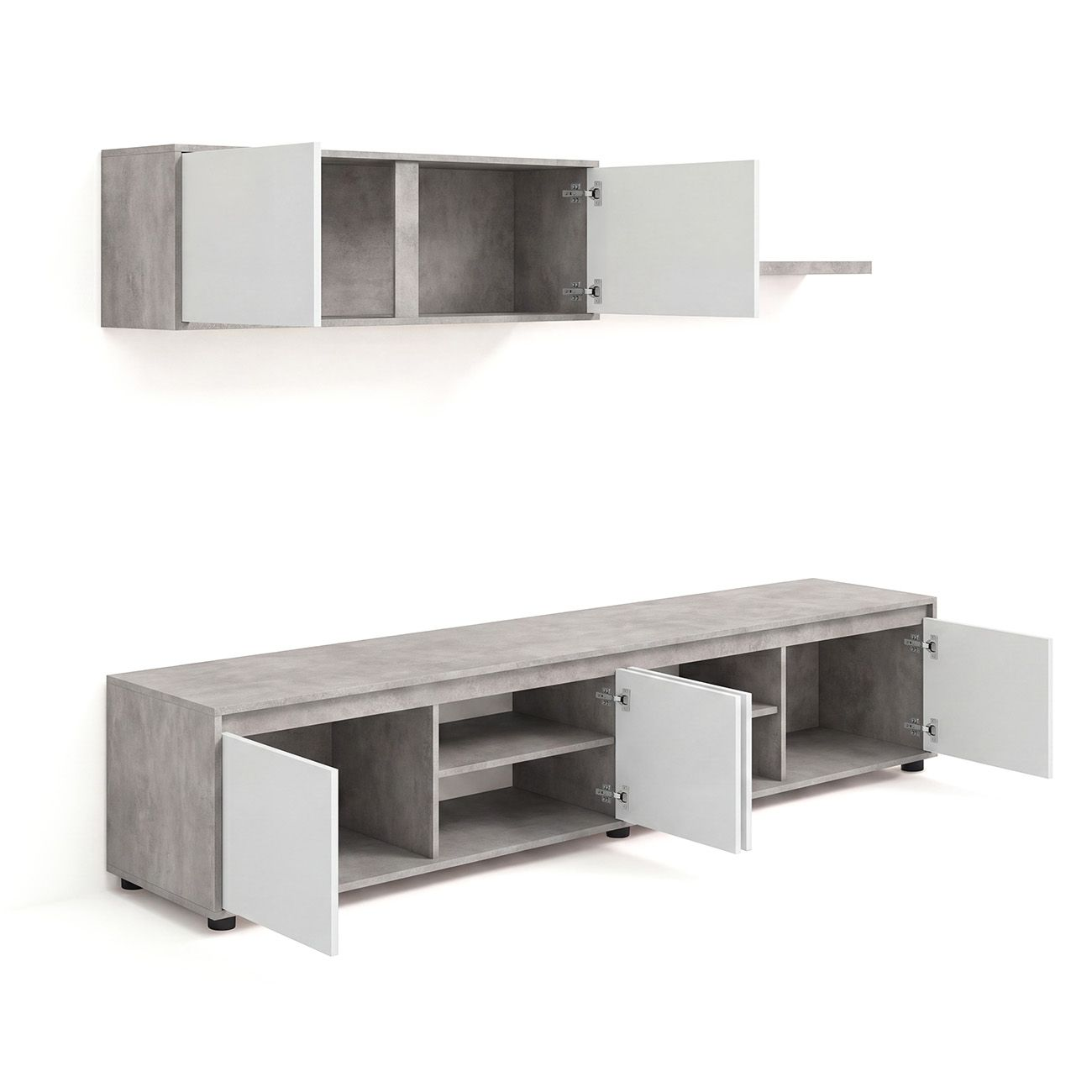 Mueble de pared y TV gris con compartimentos abiertos y puertas blancas.